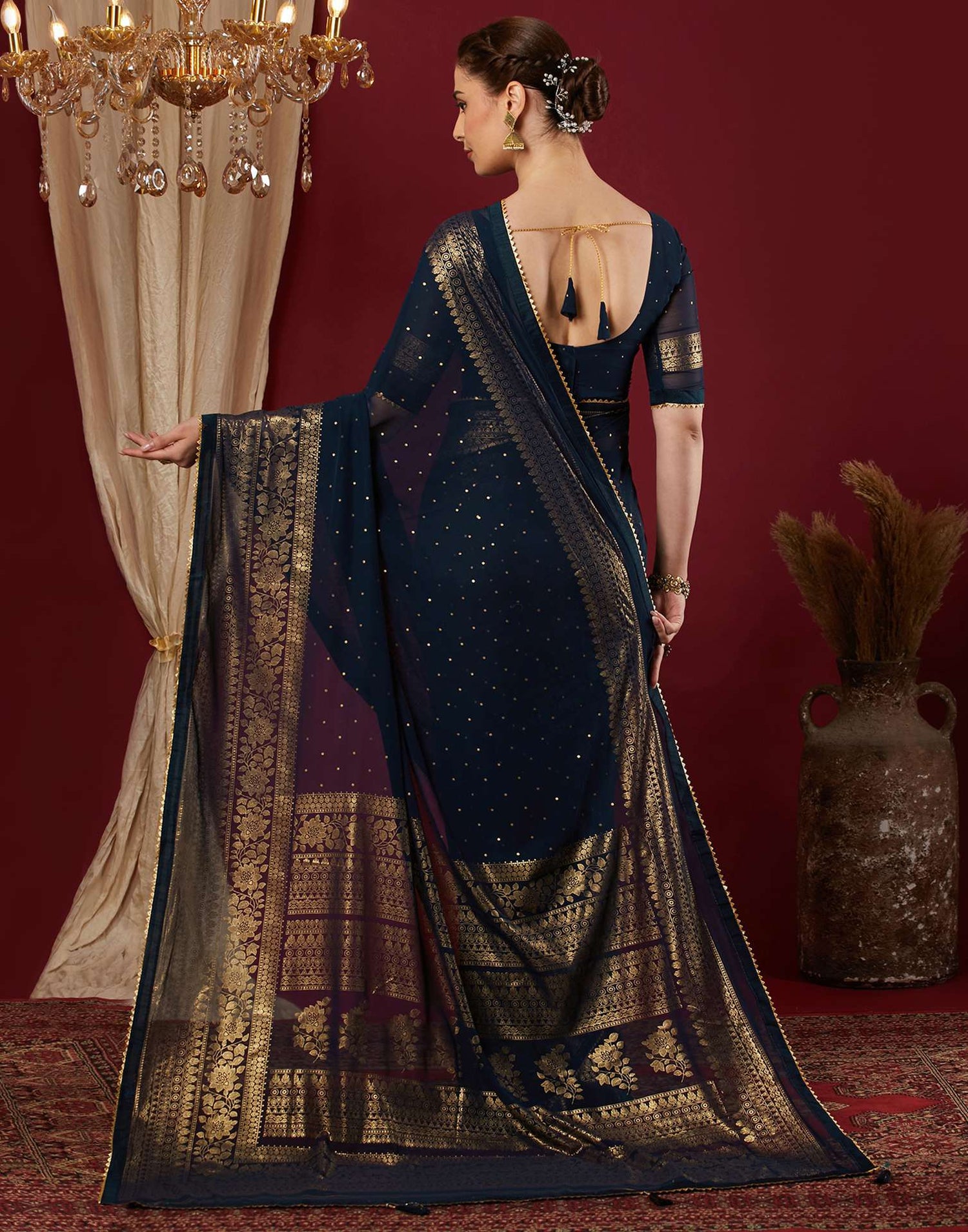Navy Blue Georgette Foil Printed Saree