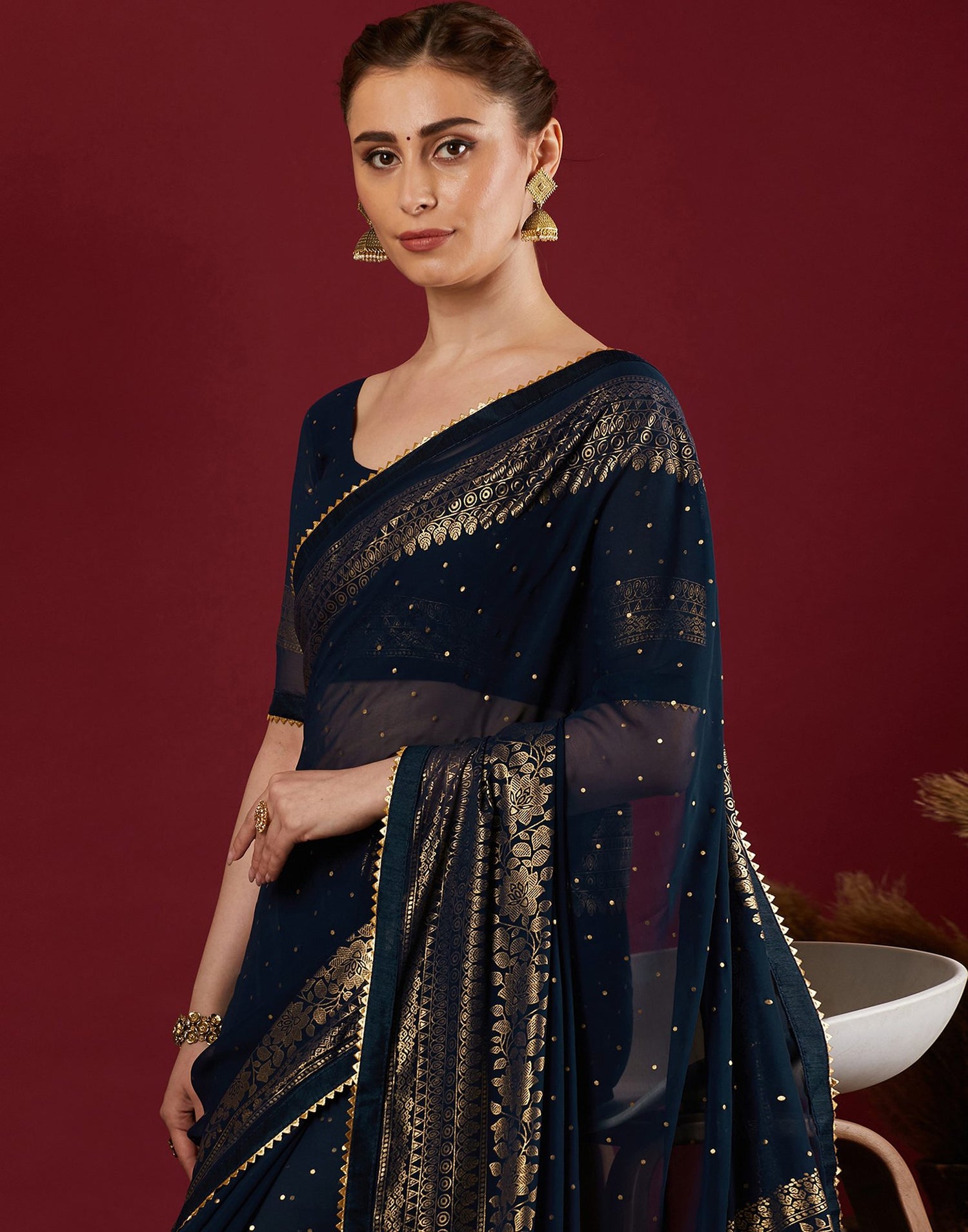 Navy Blue Georgette Foil Printed Saree
