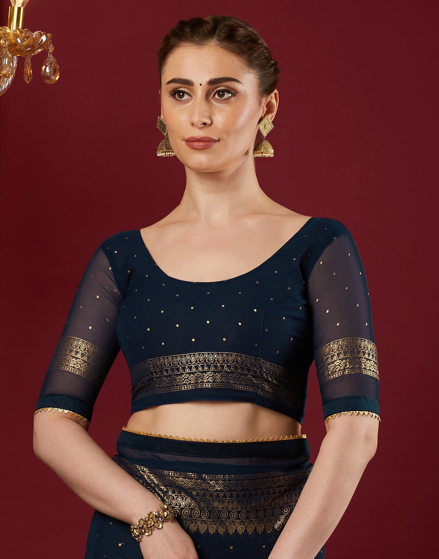 Navy Blue Georgette Foil Printed Saree