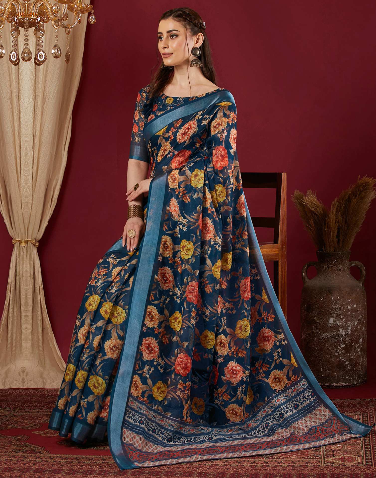 Navy Blue Linen Floral Printed Saree