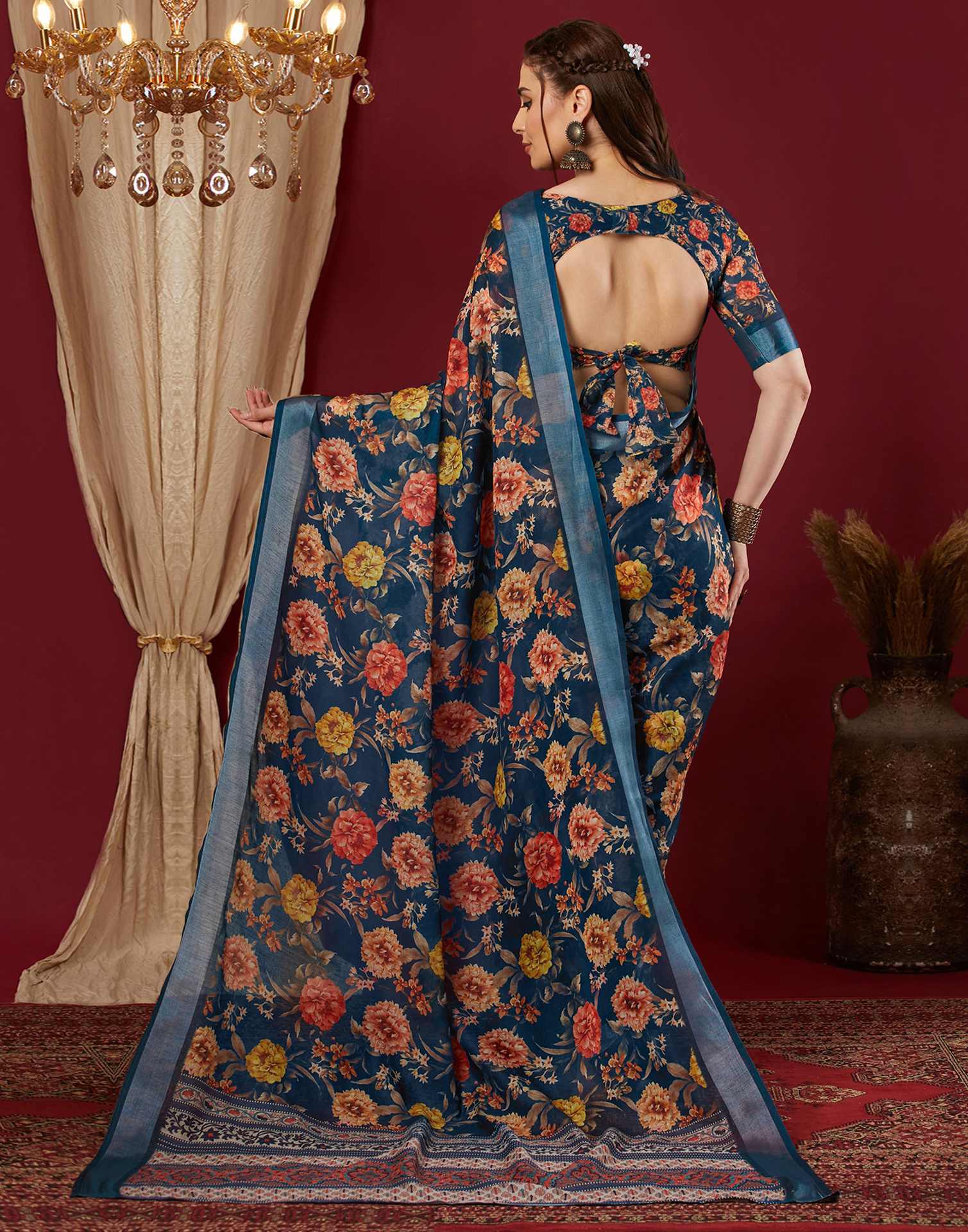 Navy Blue Linen Floral Printed Saree
