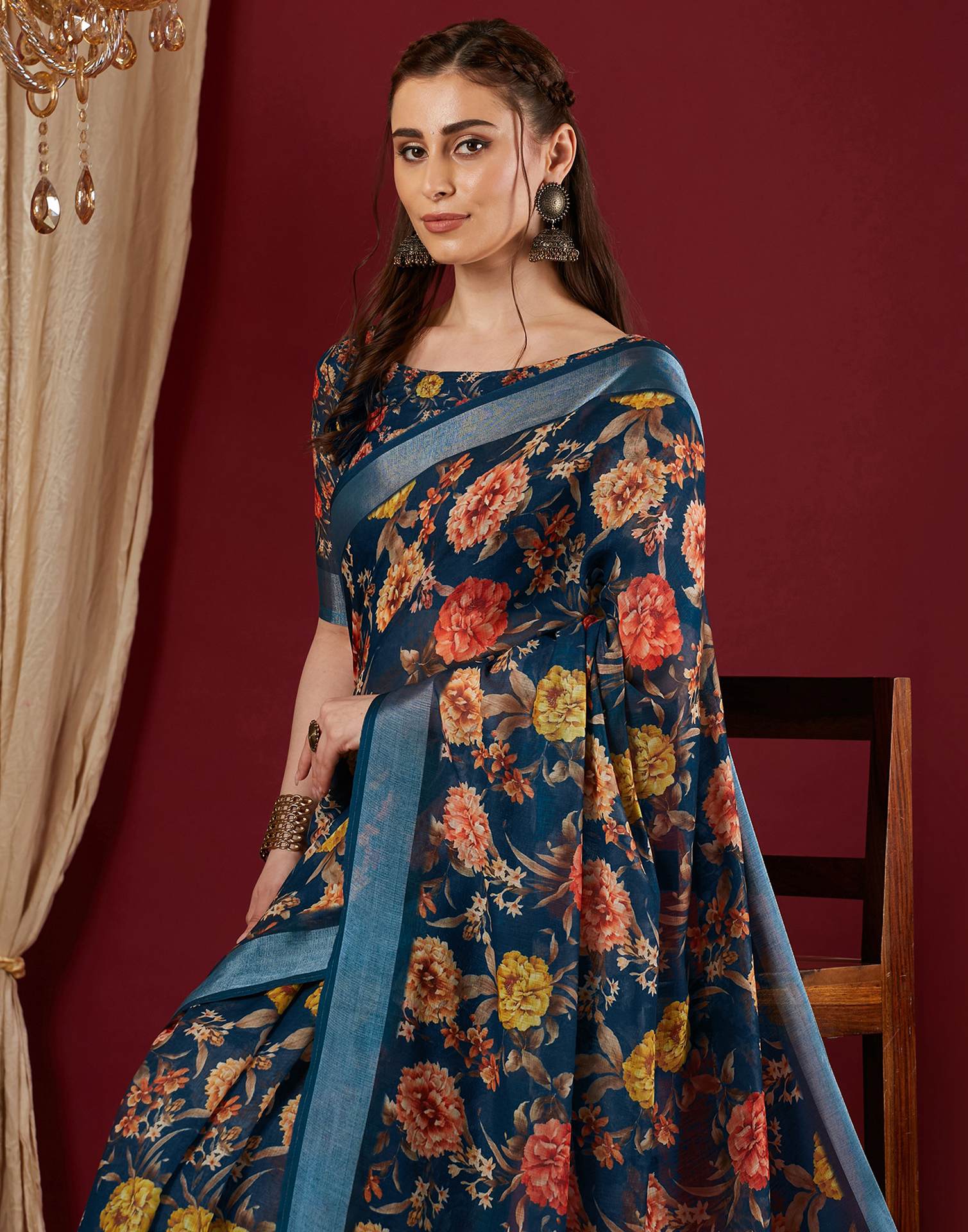 Navy Blue Linen Floral Printed Saree