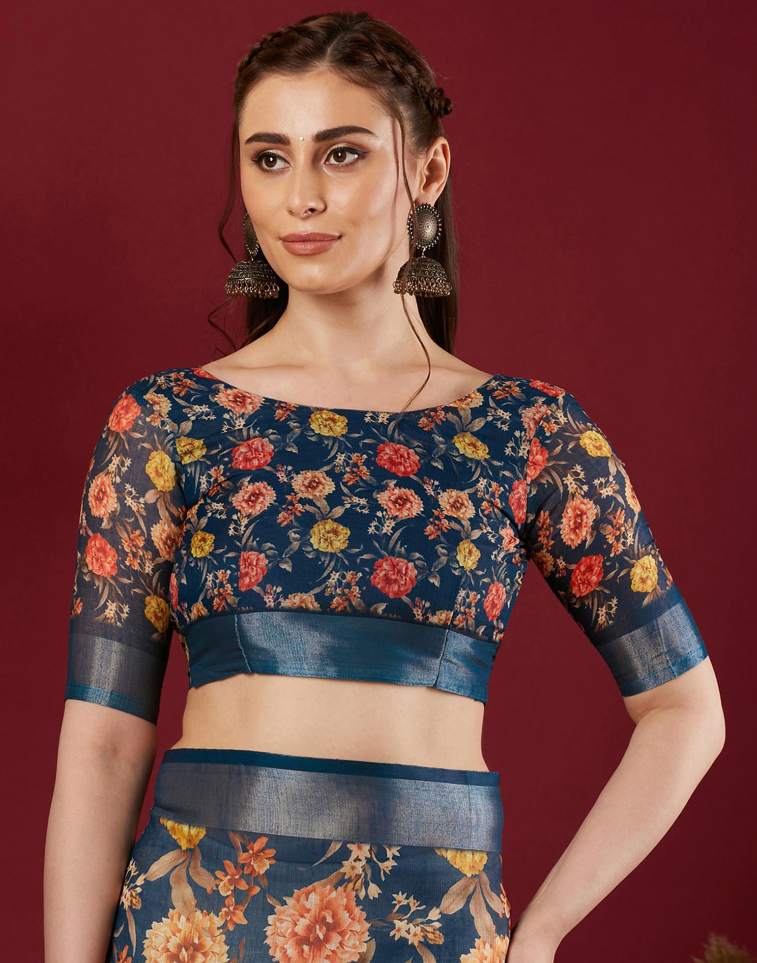 Navy Blue Linen Floral Printed Saree