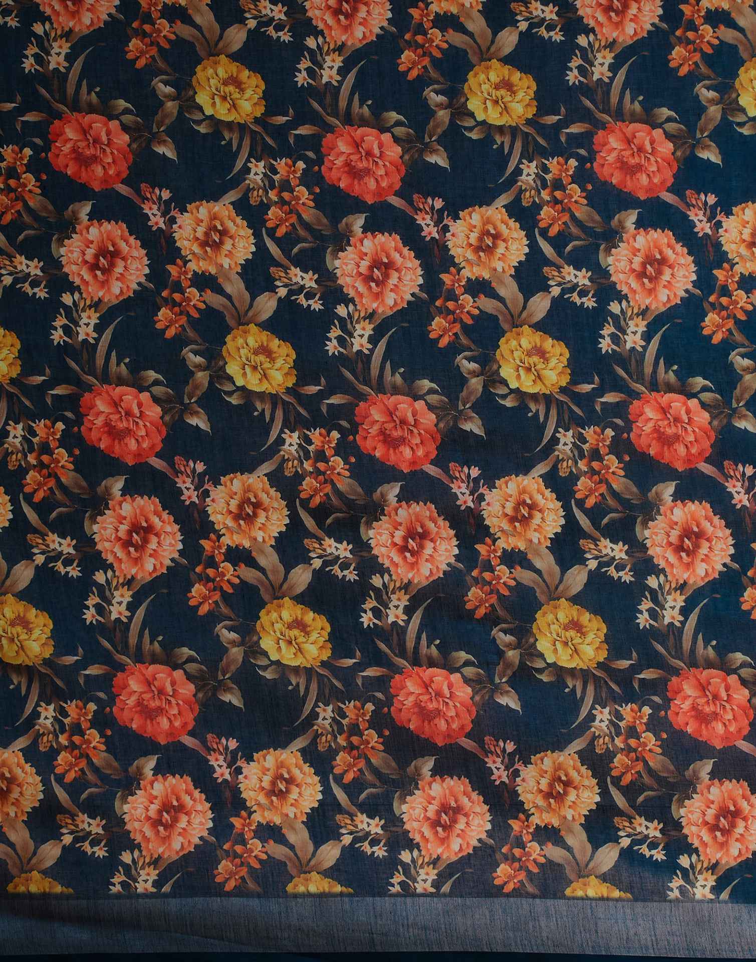 Navy Blue Linen Floral Printed Saree