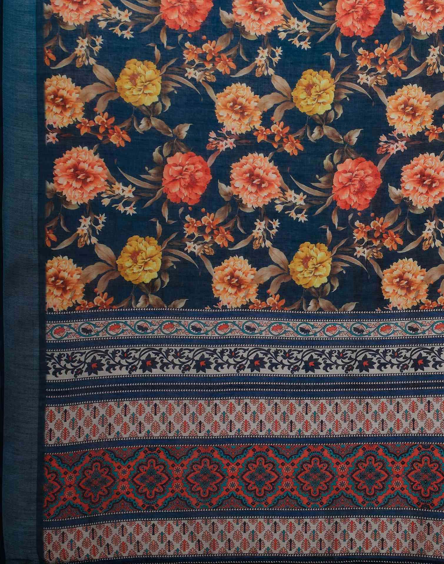 Navy Blue Linen Floral Printed Saree