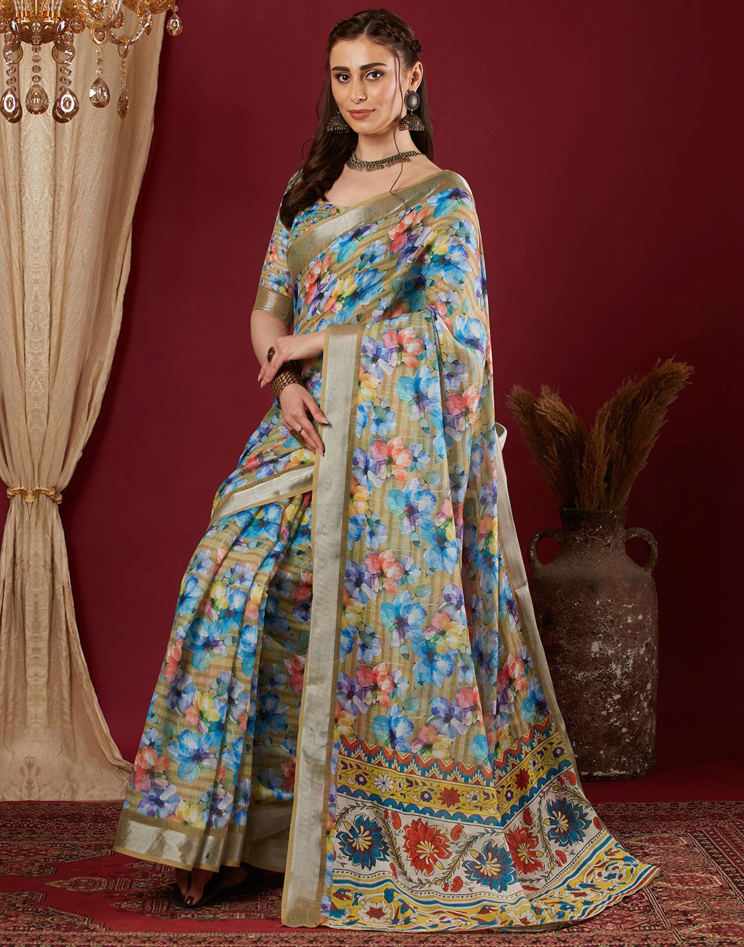 Mustard Yellow Linen Floral Printed Saree