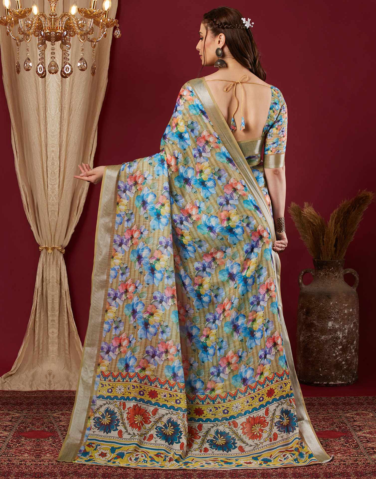 Mustard Yellow Linen Floral Printed Saree