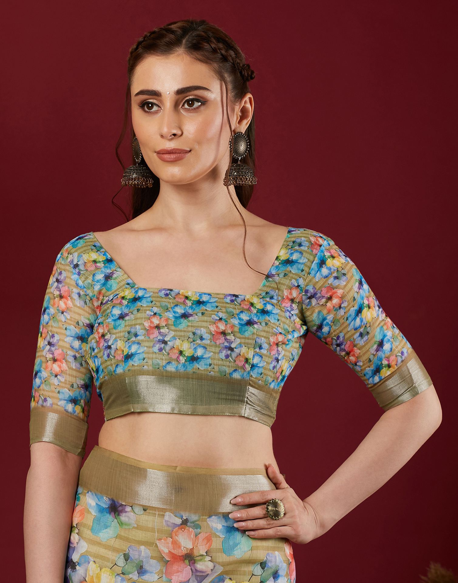 Mustard Yellow Linen Floral Printed Saree