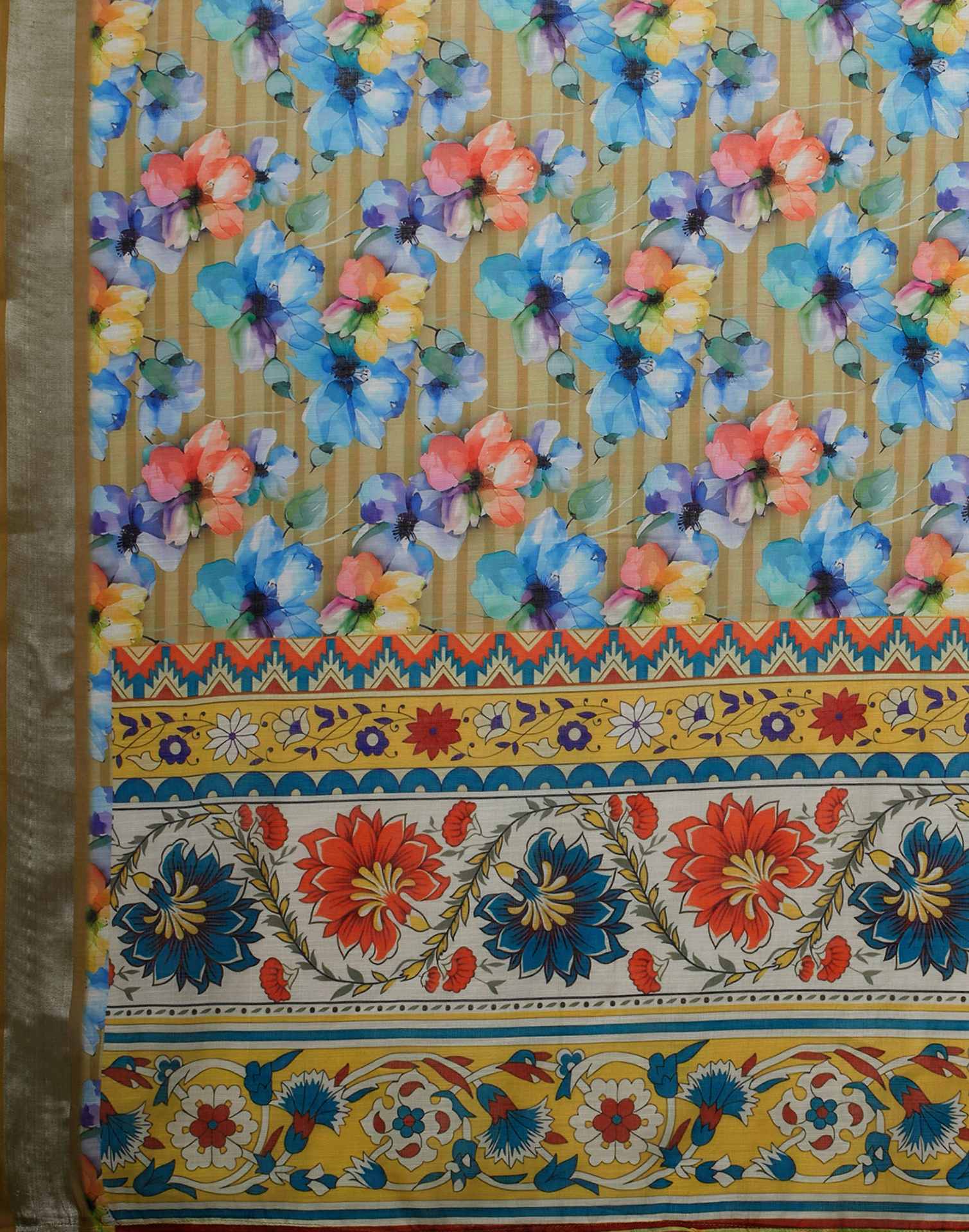 Mustard Yellow Linen Floral Printed Saree