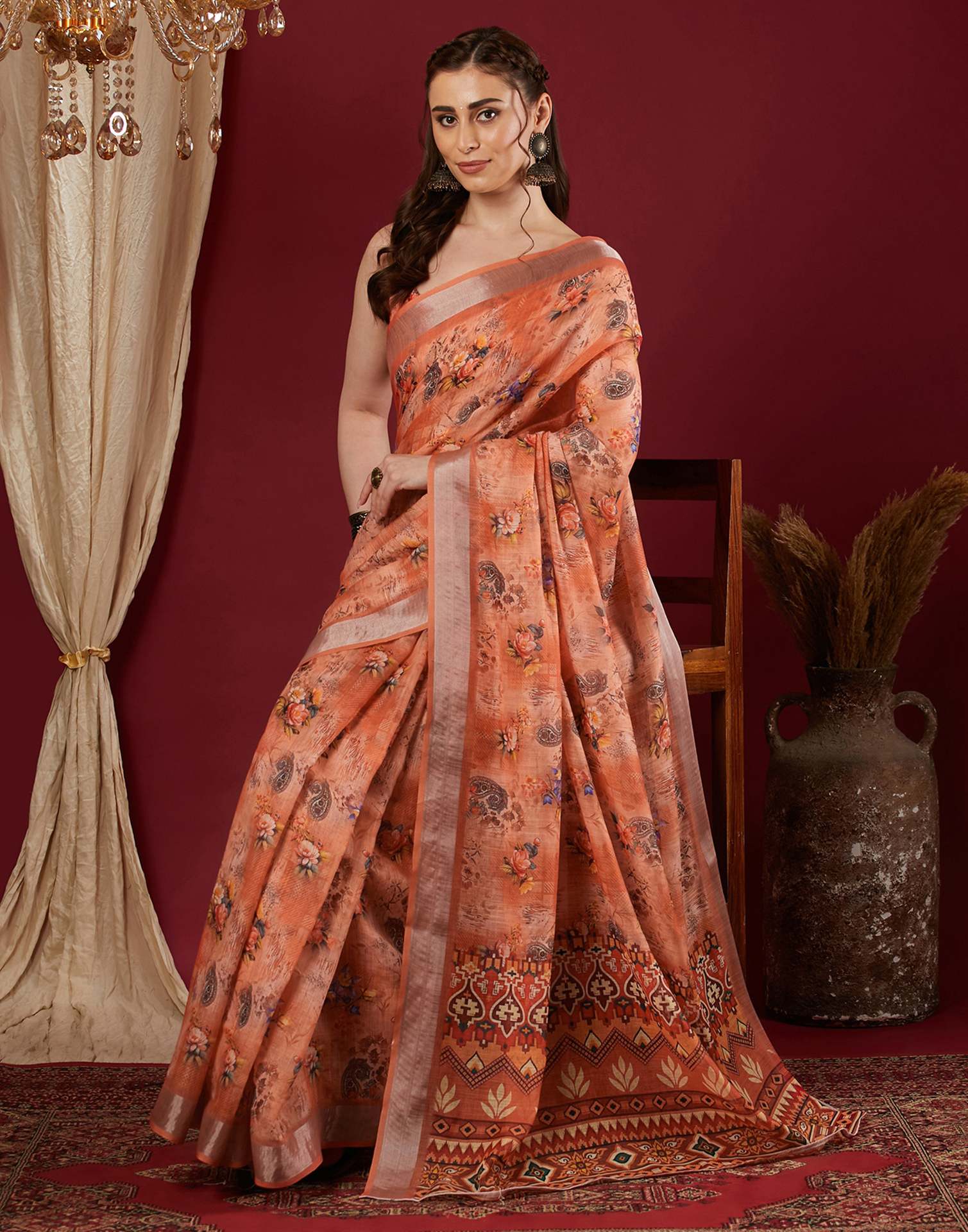 Peach Linen Floral Printed Saree