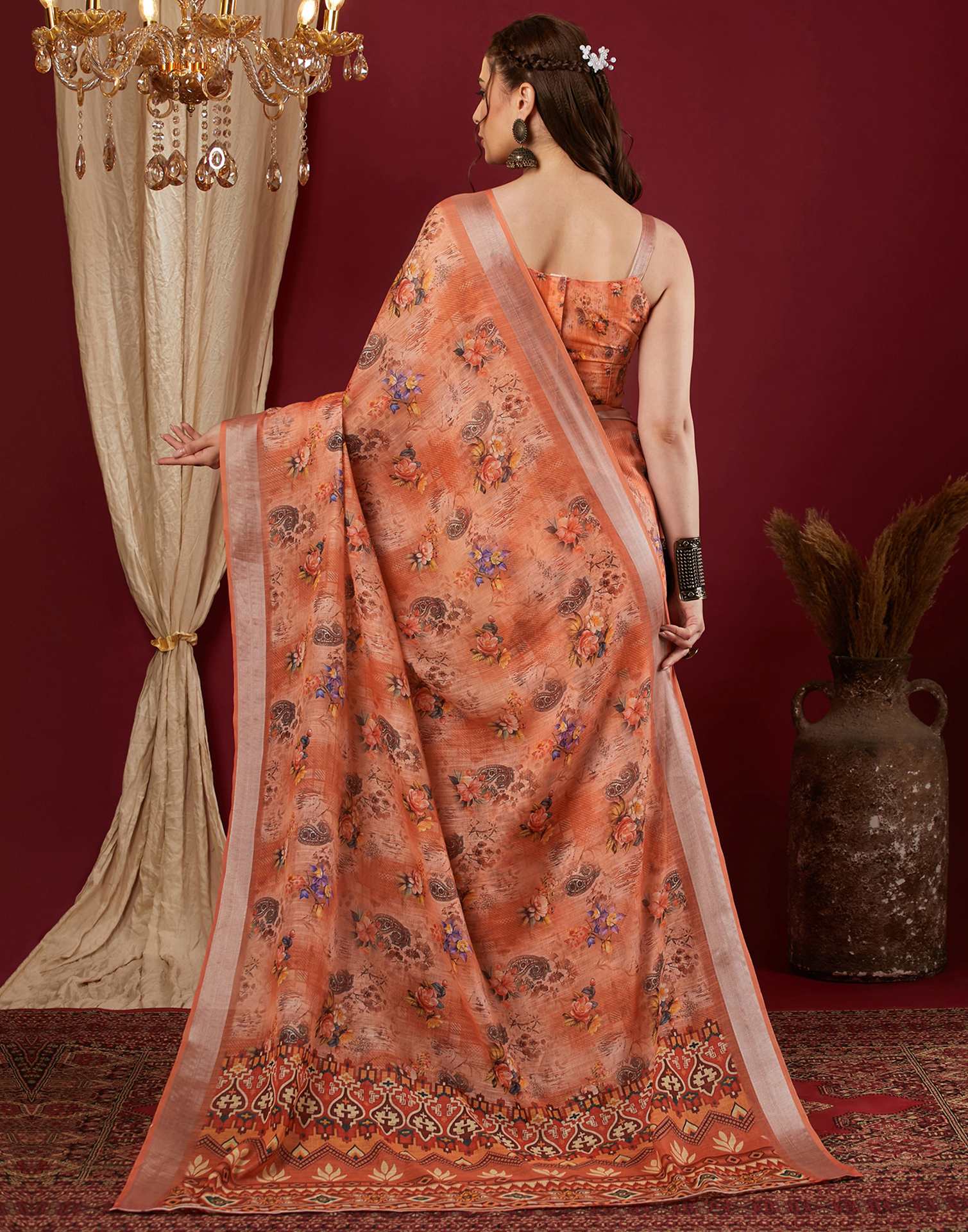 Peach Linen Floral Printed Saree