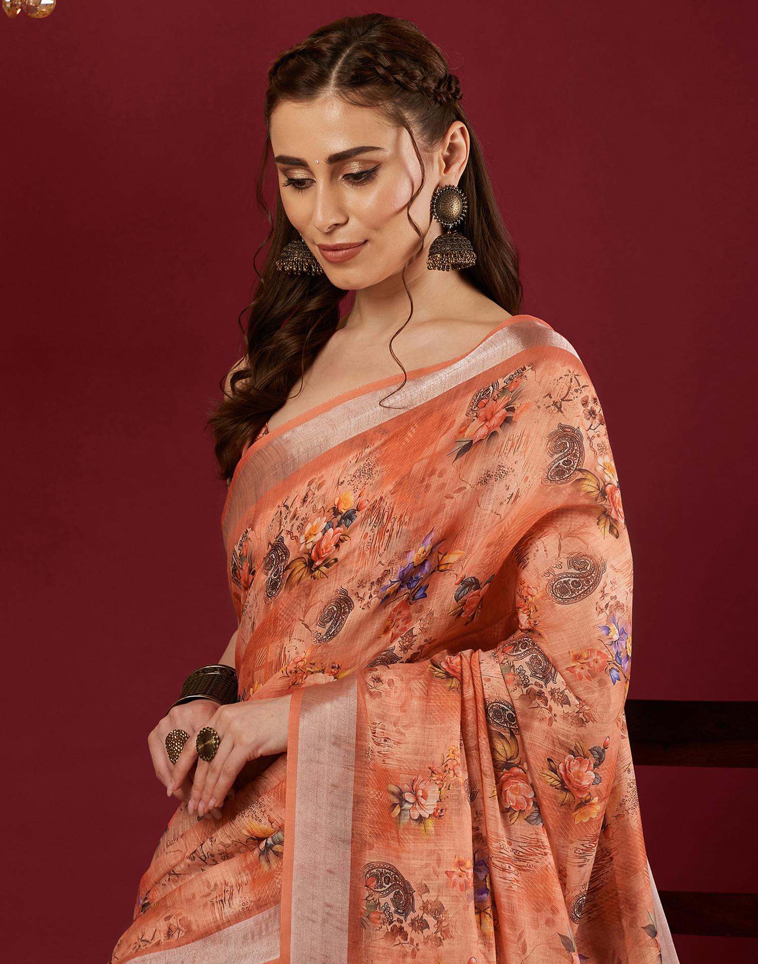 Peach Linen Floral Printed Saree