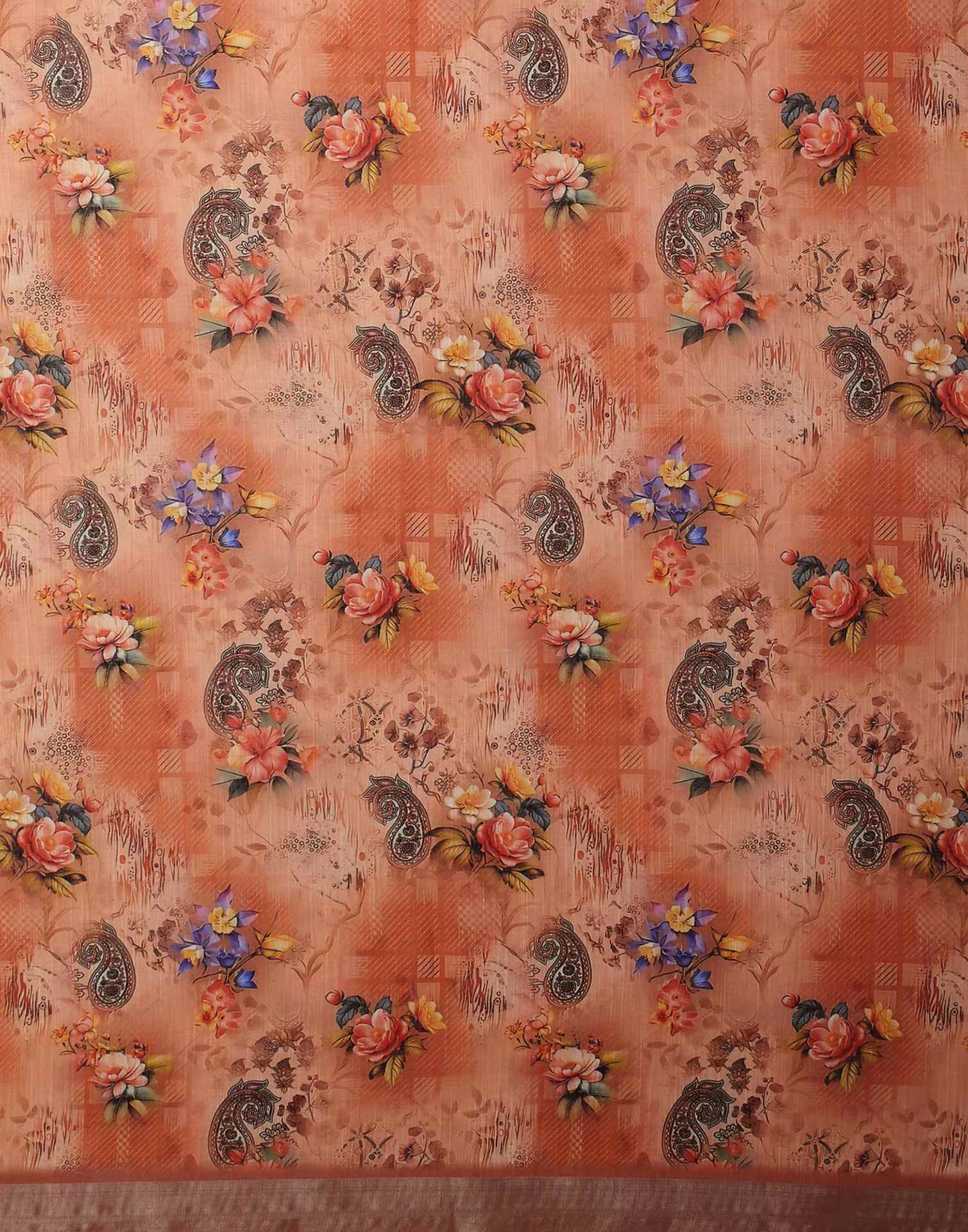 Peach Linen Floral Printed Saree