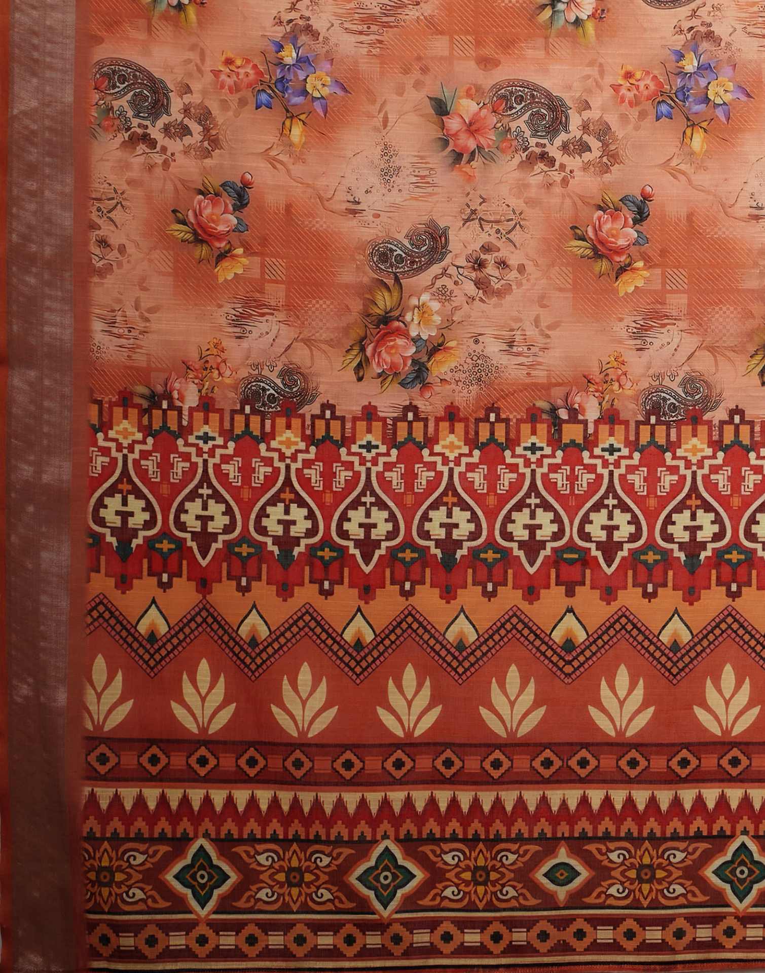 Peach Linen Floral Printed Saree