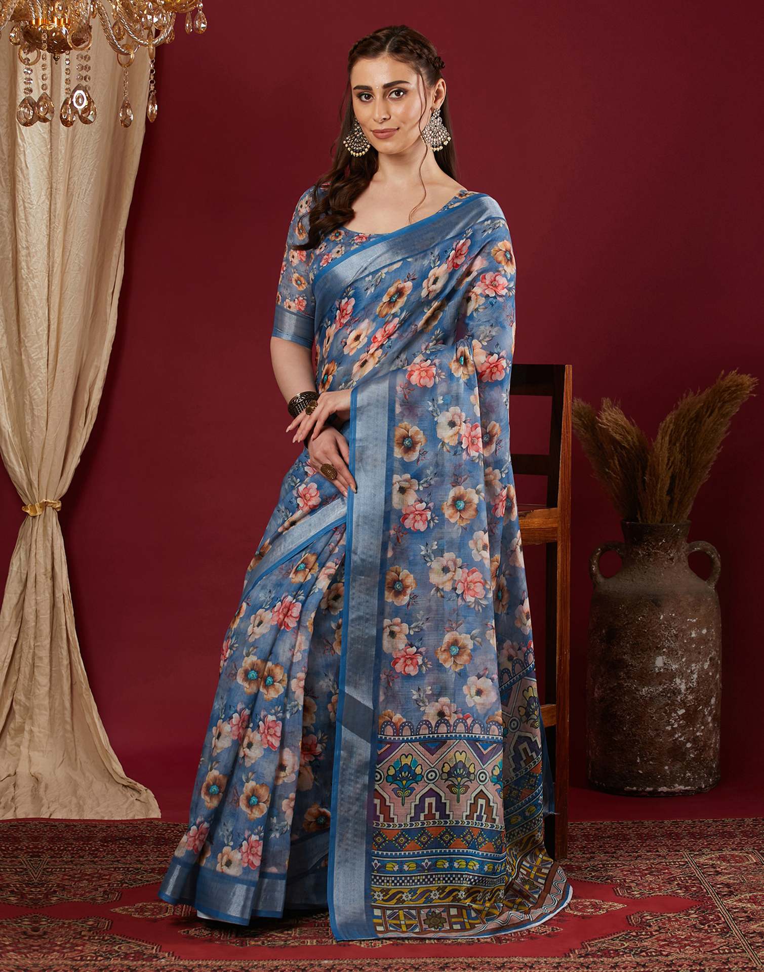 Blue Linen Floral Printed Saree