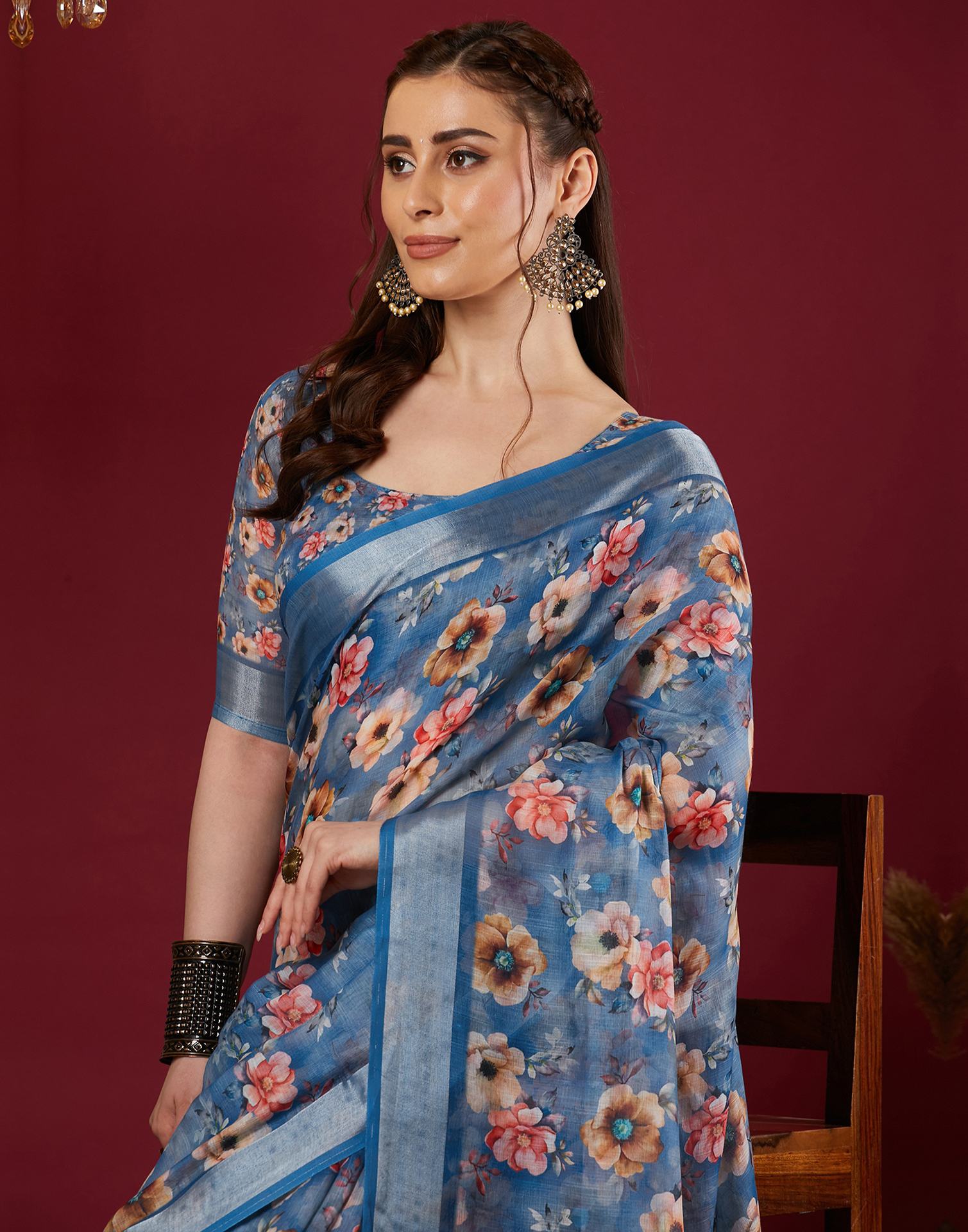 Blue Linen Floral Printed Saree