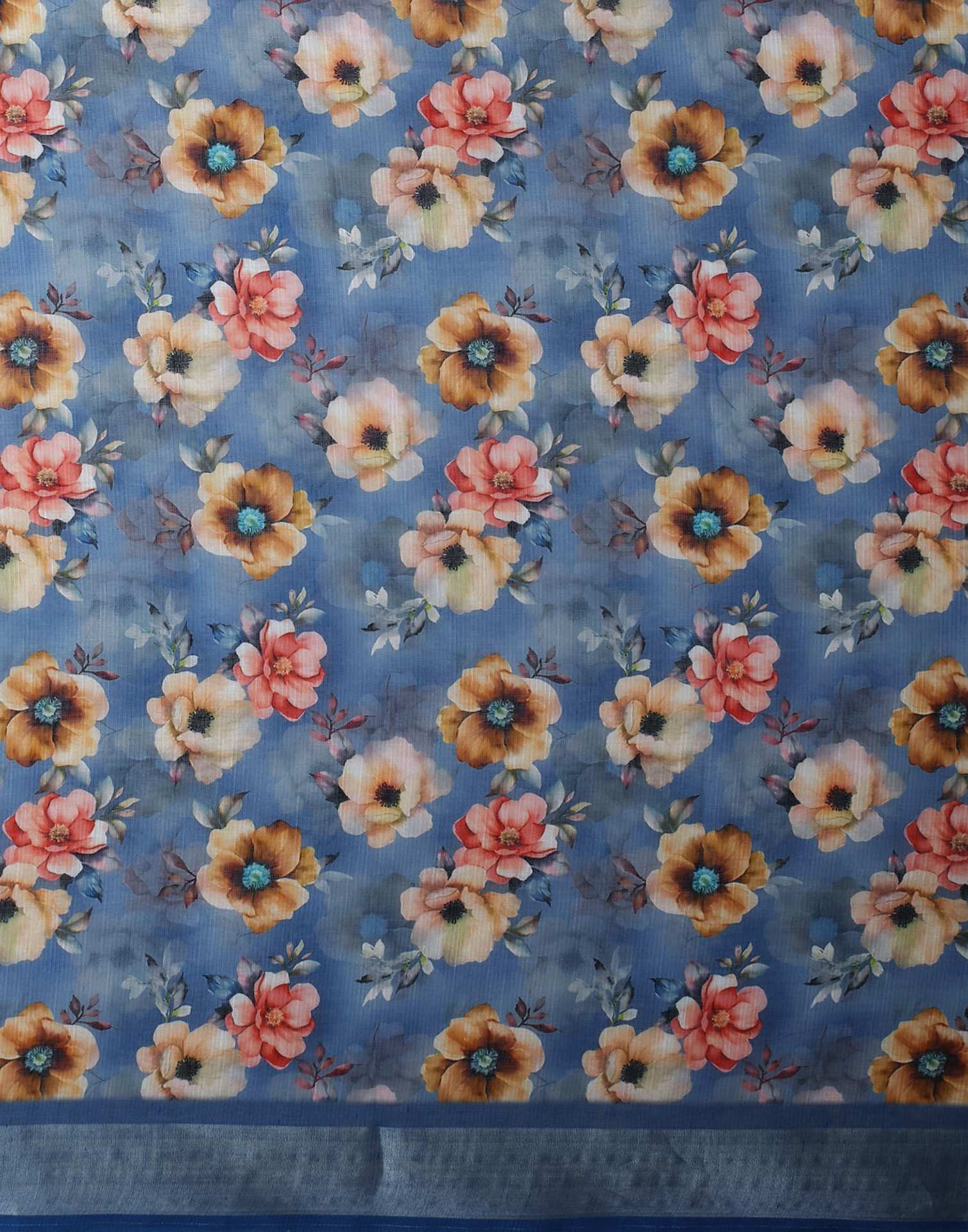 Blue Linen Floral Printed Saree