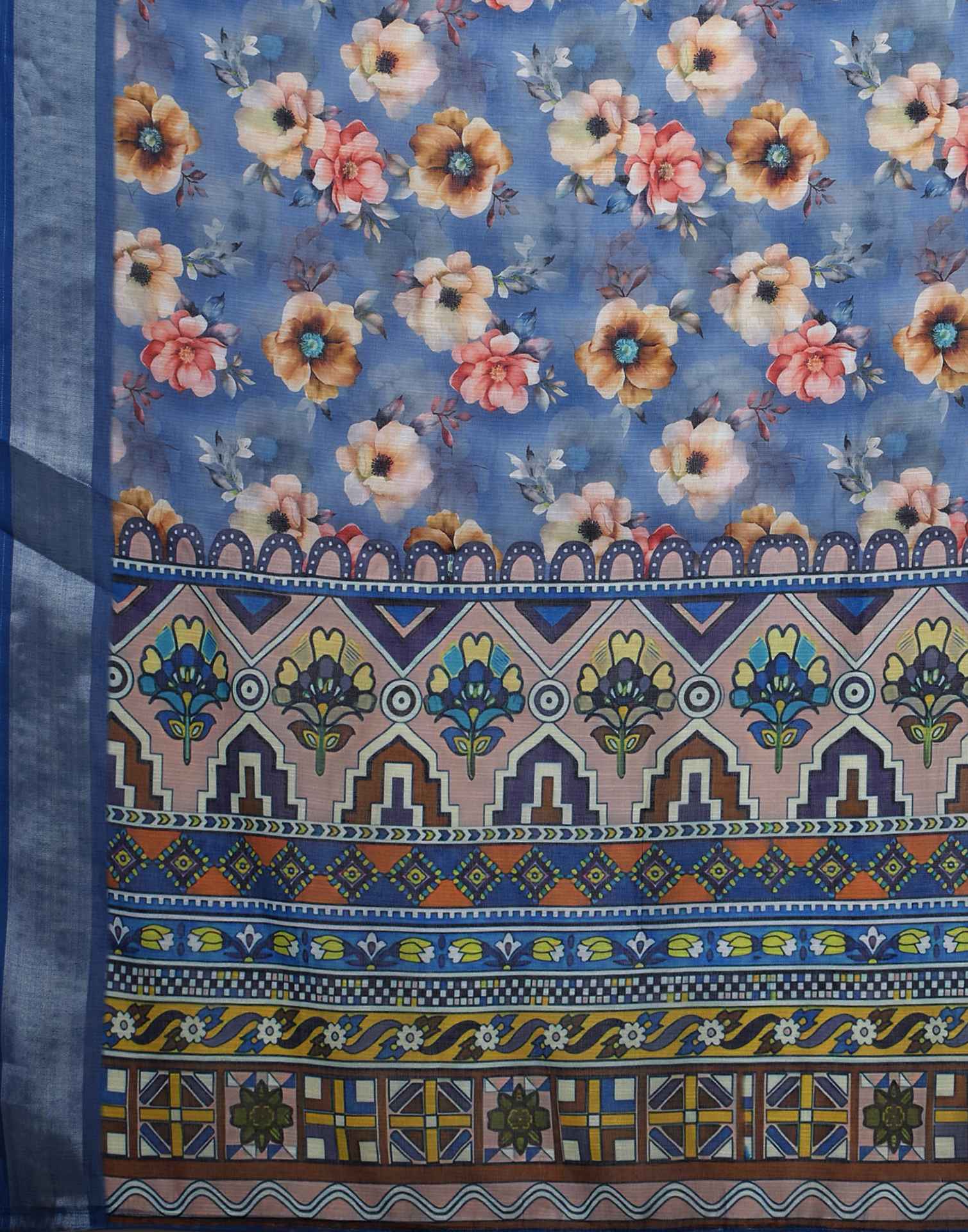 Blue Linen Floral Printed Saree