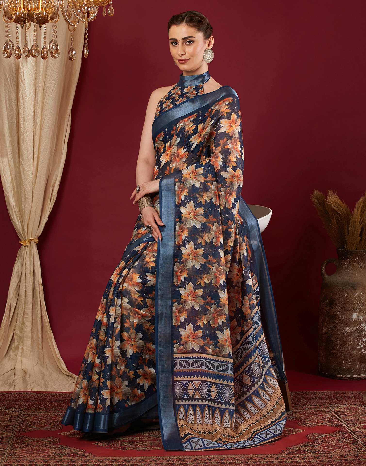 Navy Blue Linen Floral Printed Saree