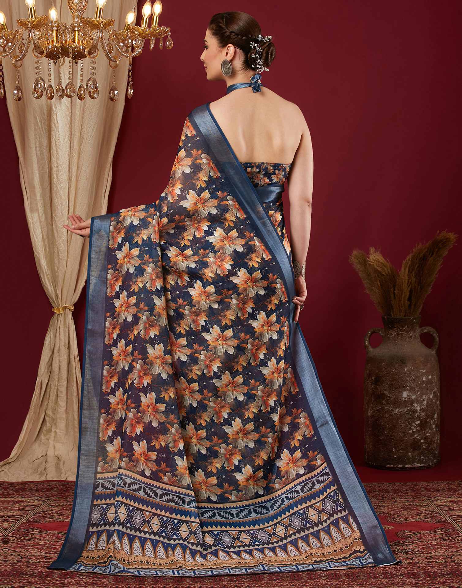 Navy Blue Linen Floral Printed Saree