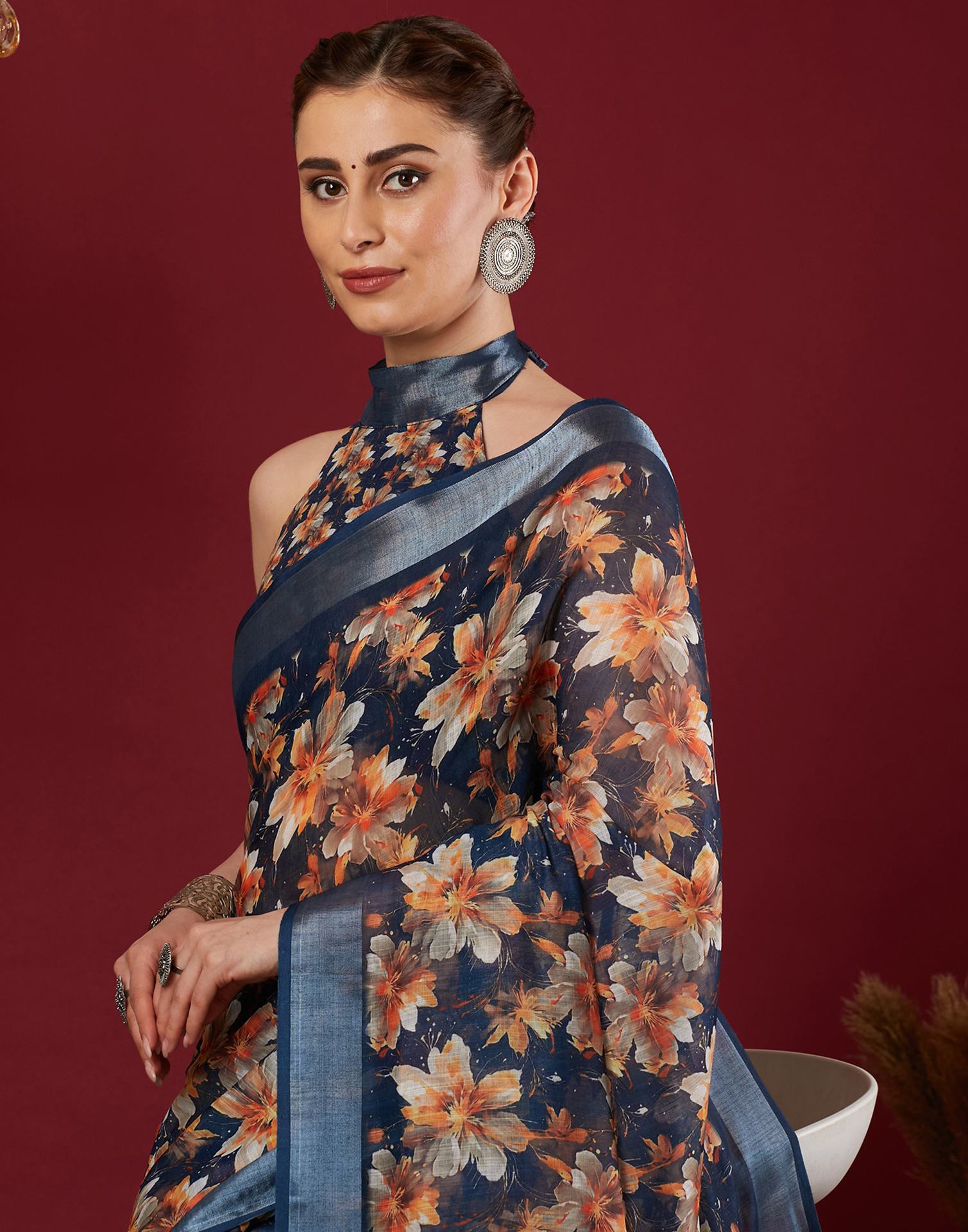 Navy Blue Linen Floral Printed Saree