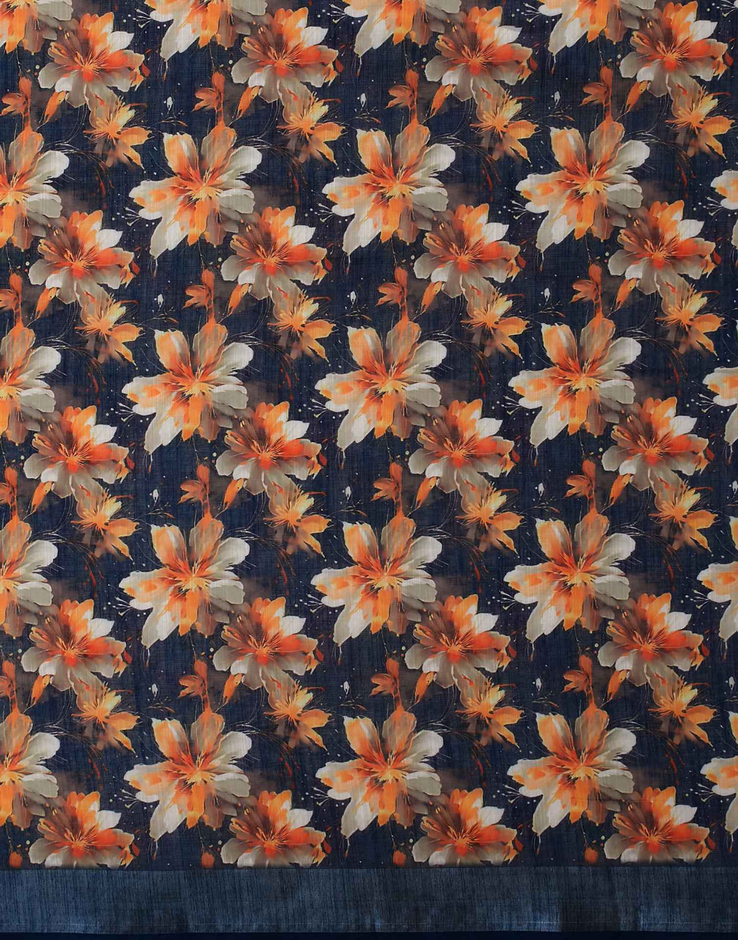 Navy Blue Linen Floral Printed Saree