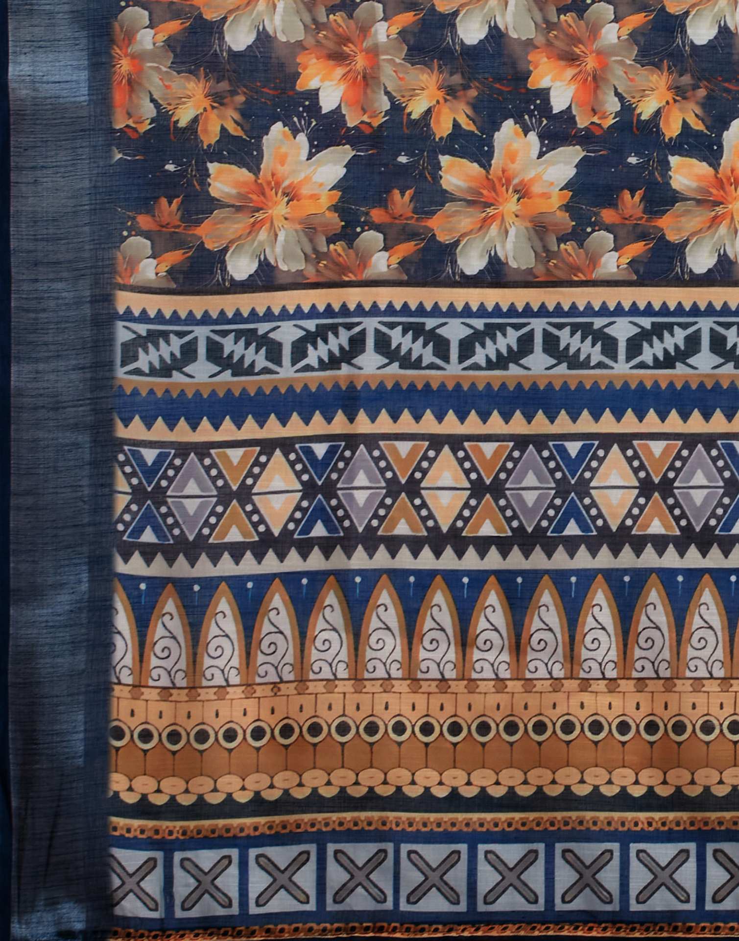 Navy Blue Linen Floral Printed Saree