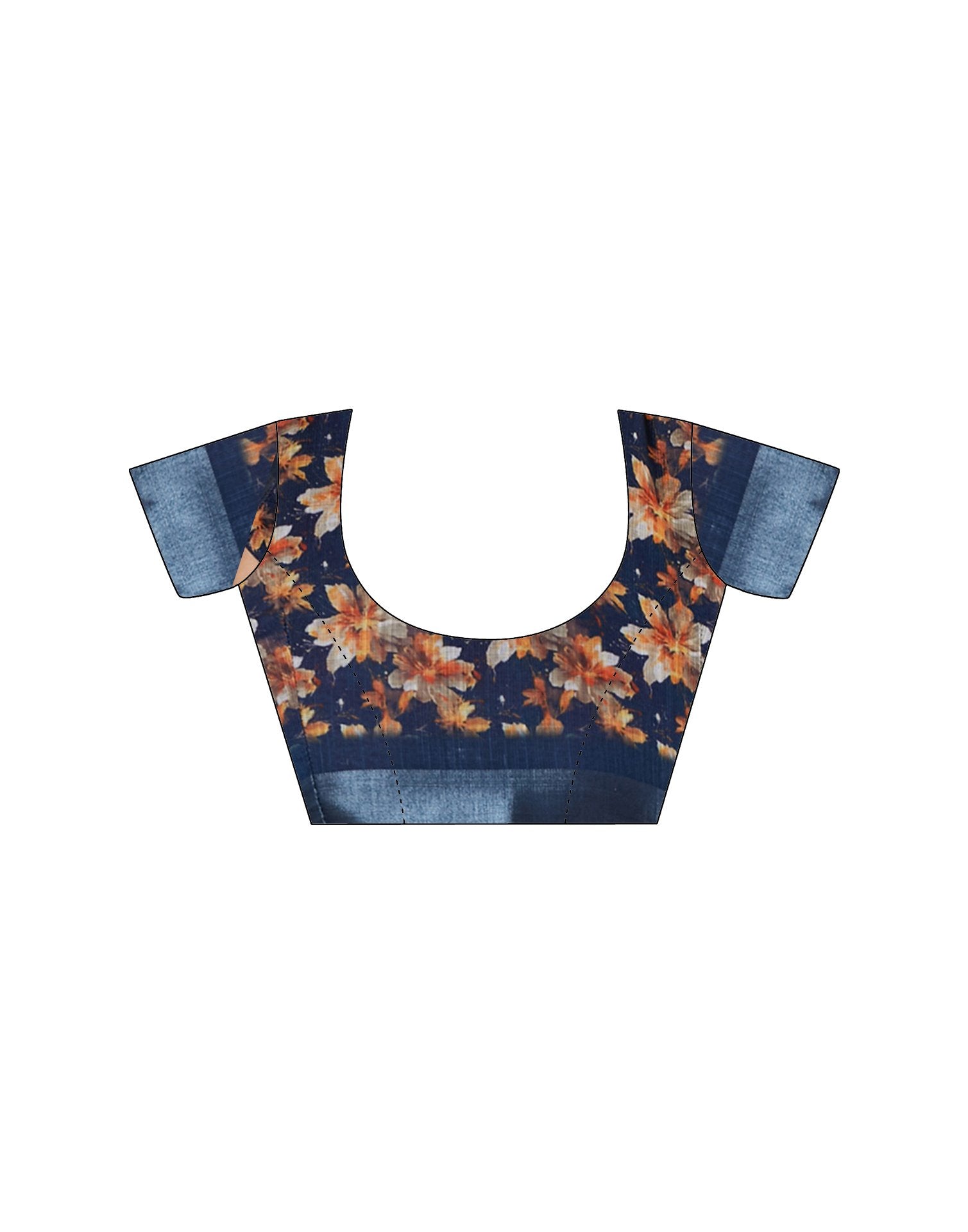Navy Blue Linen Floral Printed Saree