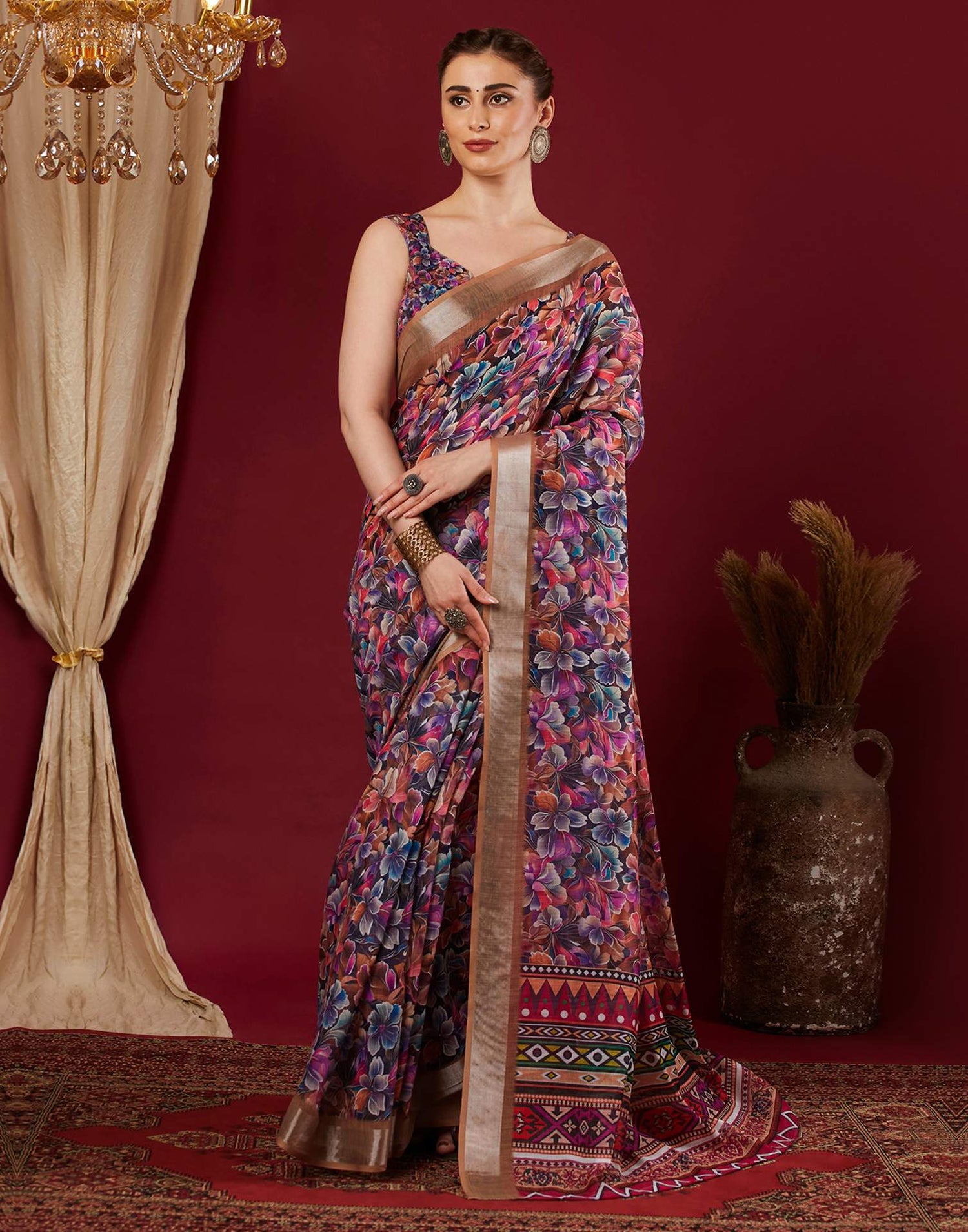 Multicoloured Linen Floral Printed Saree