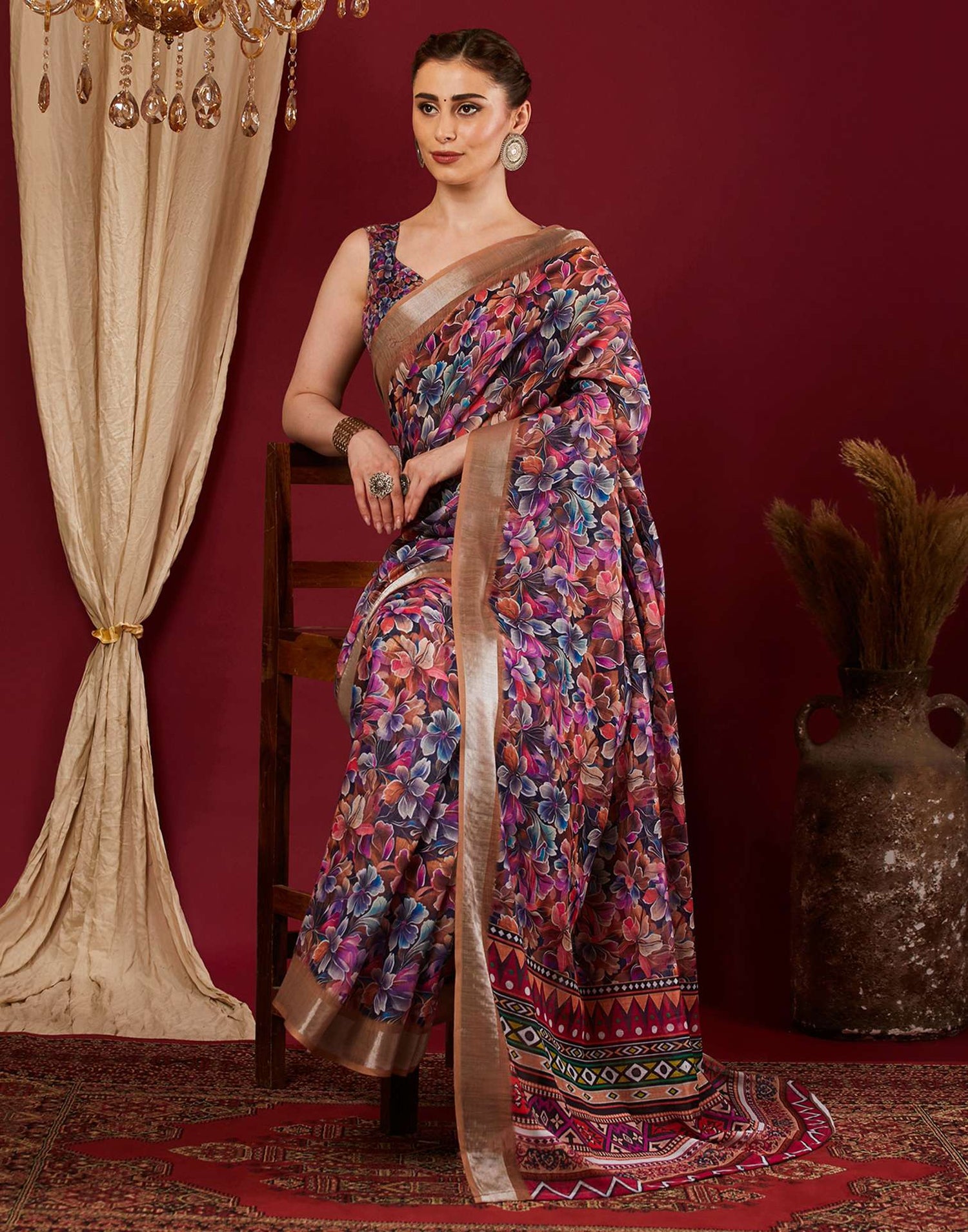 Multicoloured Linen Floral Printed Saree