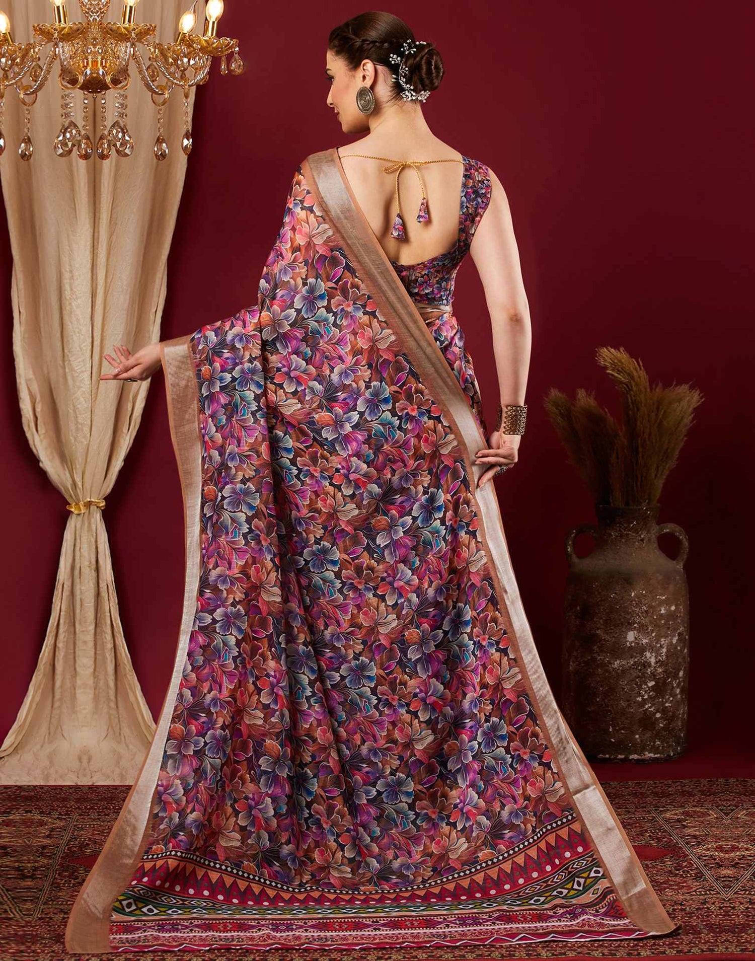 Multicoloured Linen Floral Printed Saree