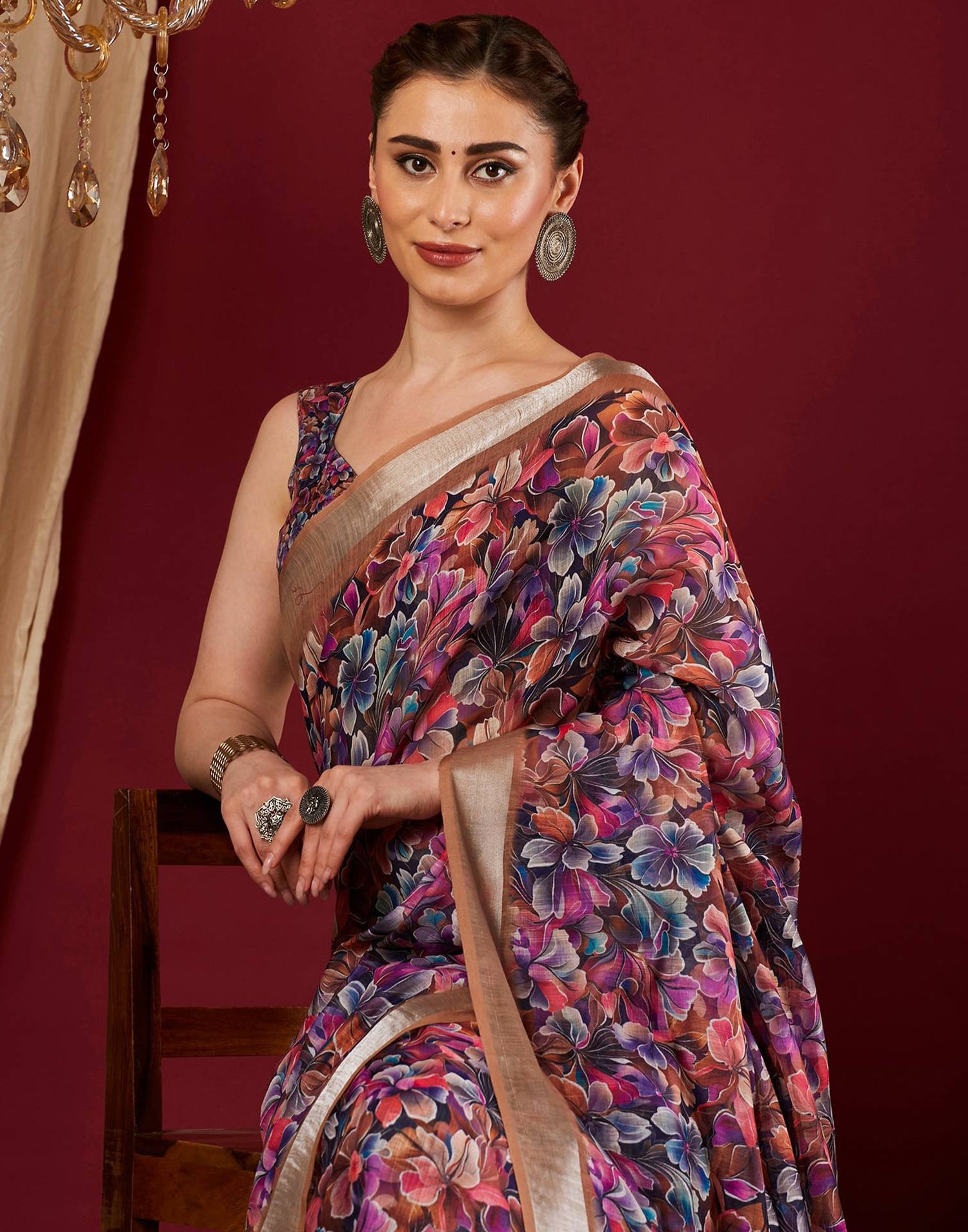 Multicoloured Linen Floral Printed Saree