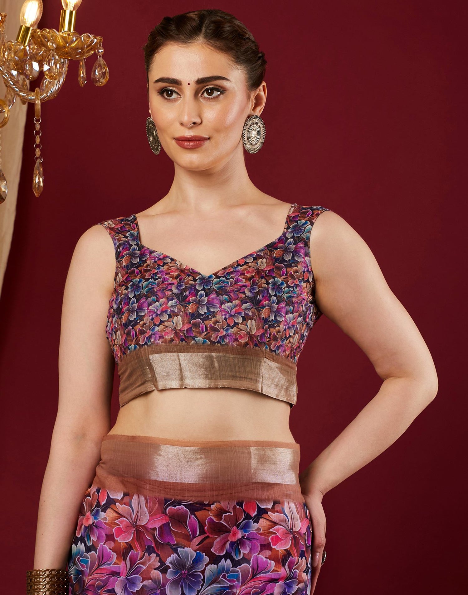 Multicoloured Linen Floral Printed Saree