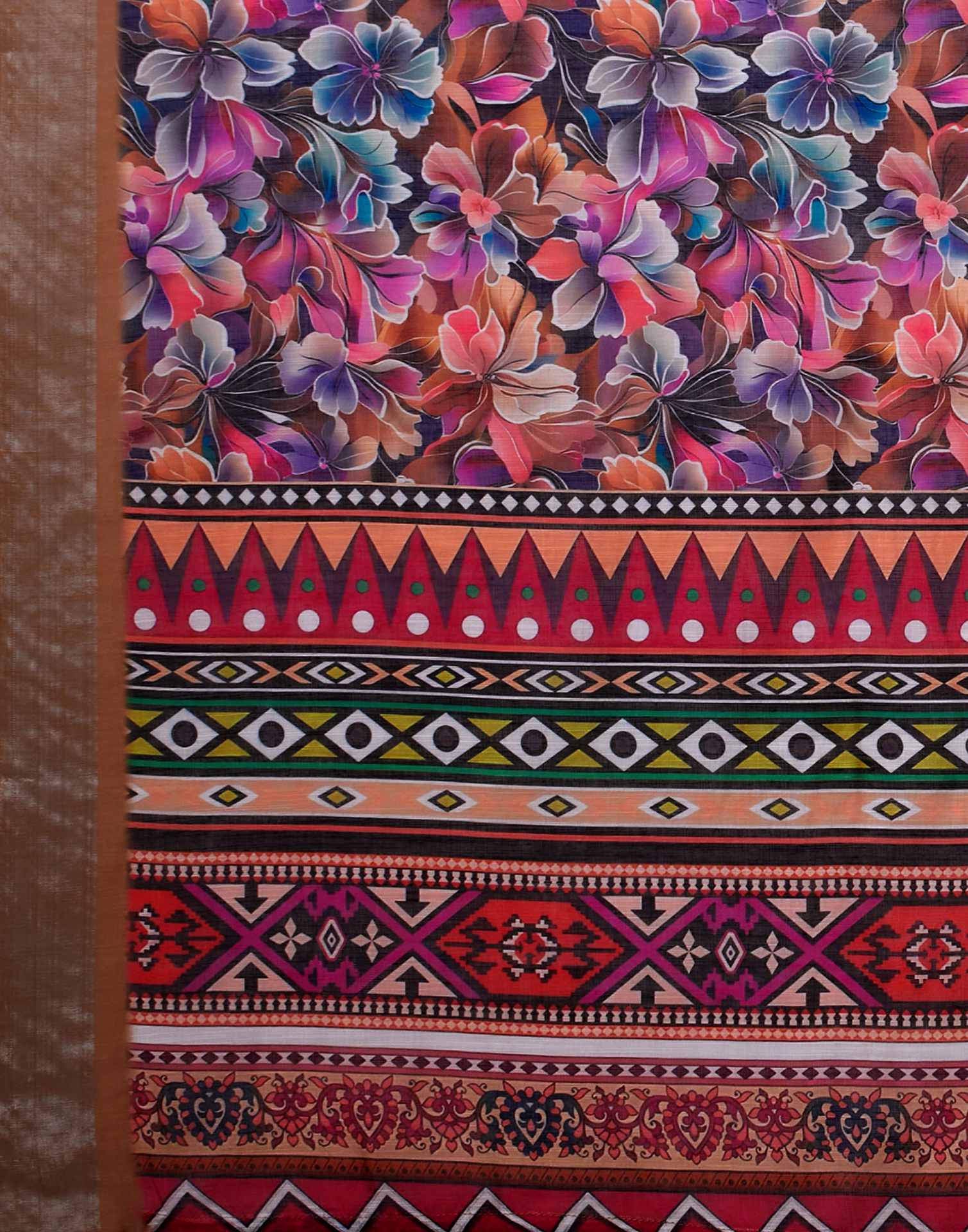 Multicoloured Linen Floral Printed Saree