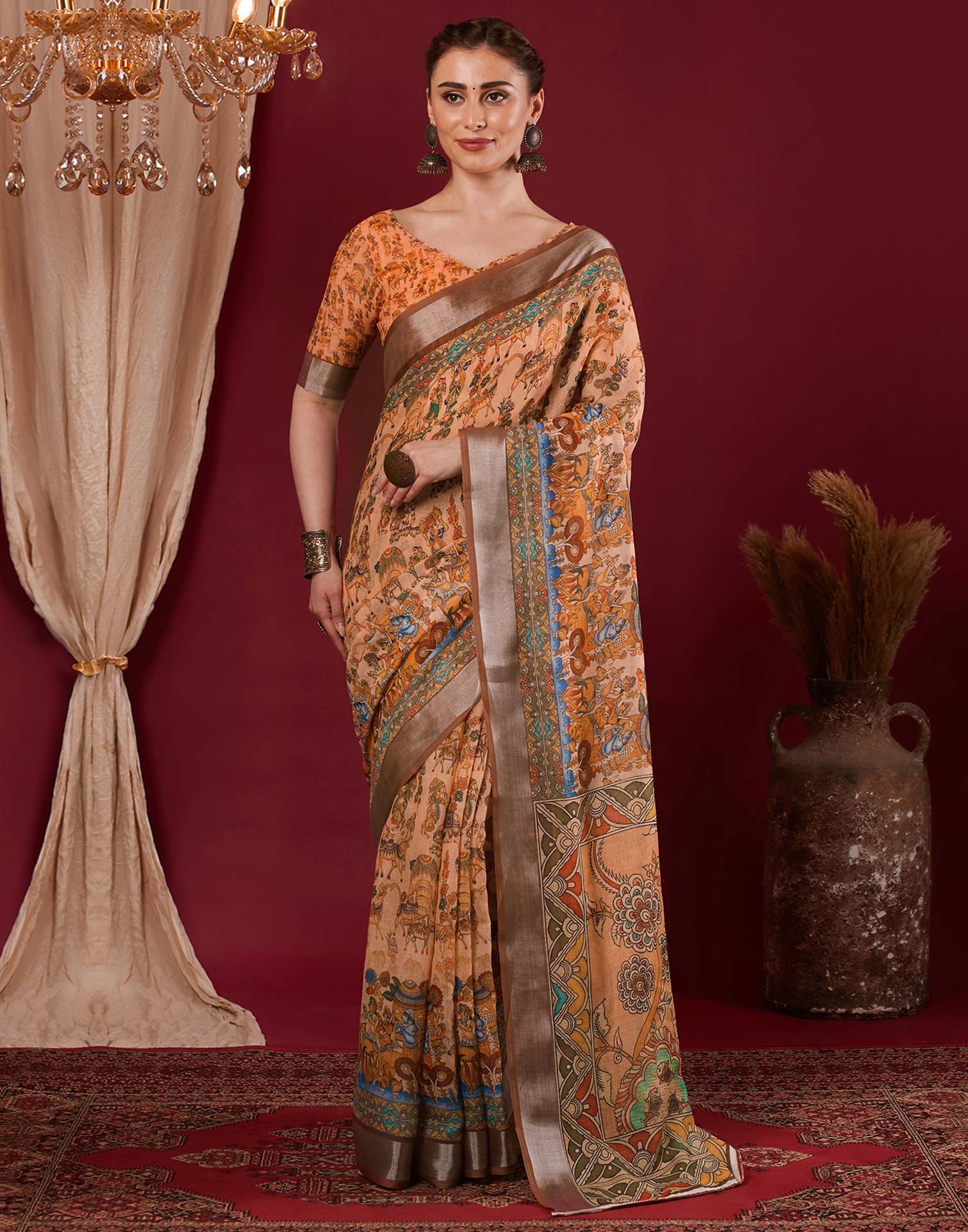 Light Peach Linen Printed Kalamkari Saree