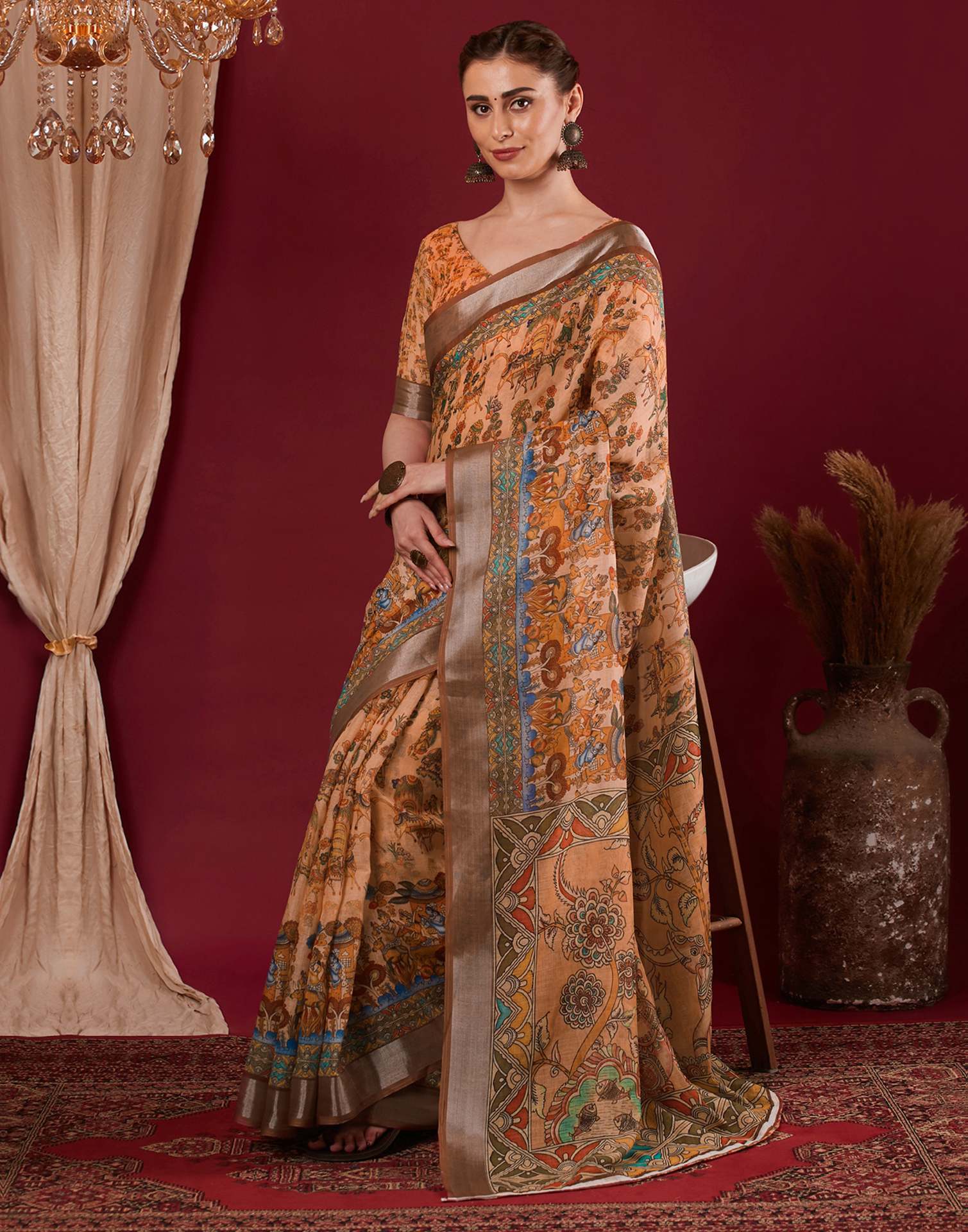 Light Peach Linen Printed Kalamkari Saree