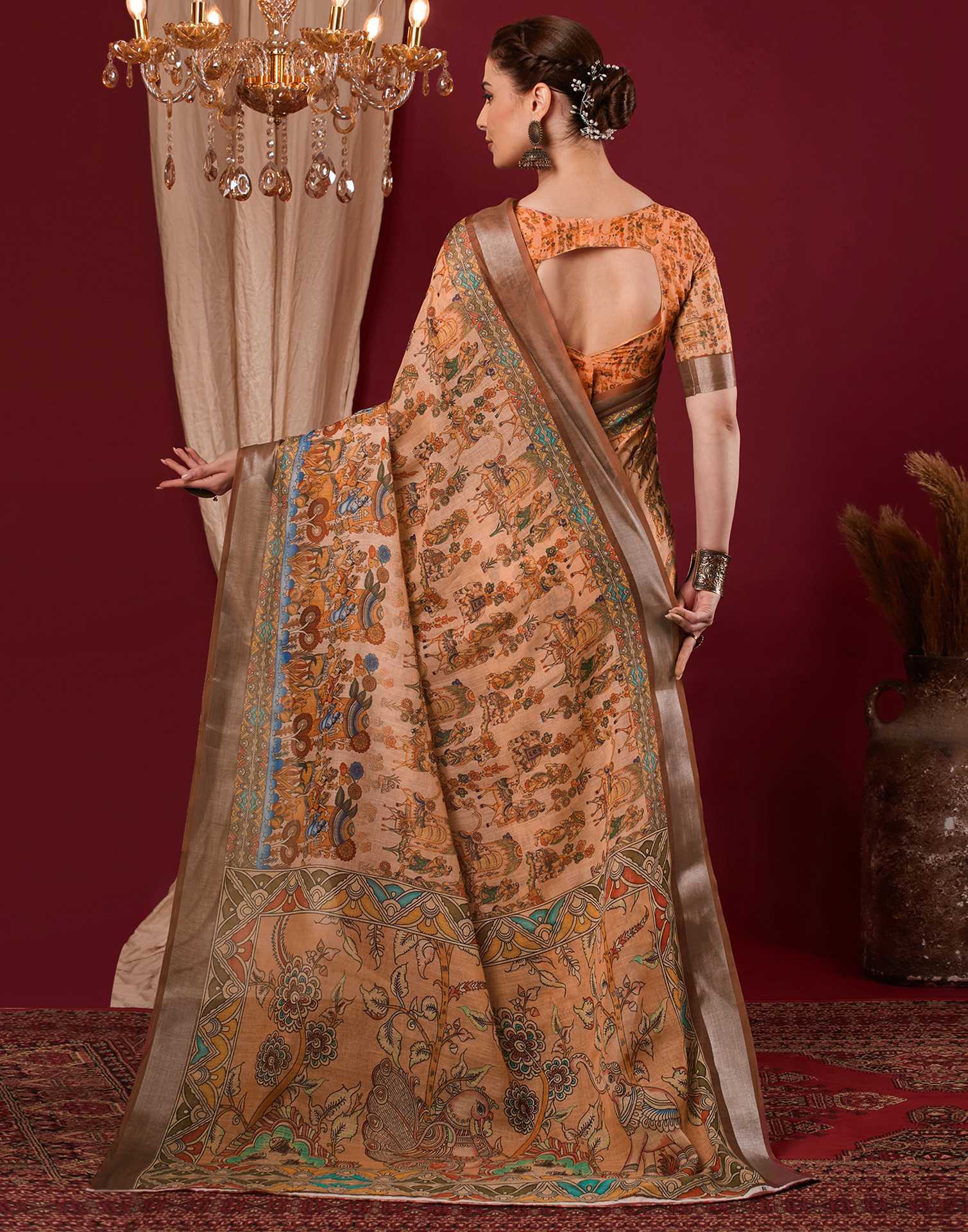 Light Peach Linen Printed Kalamkari Saree