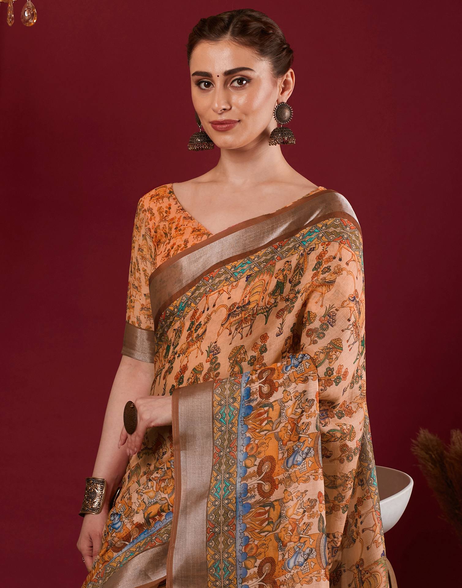 Light Peach Linen Printed Kalamkari Saree