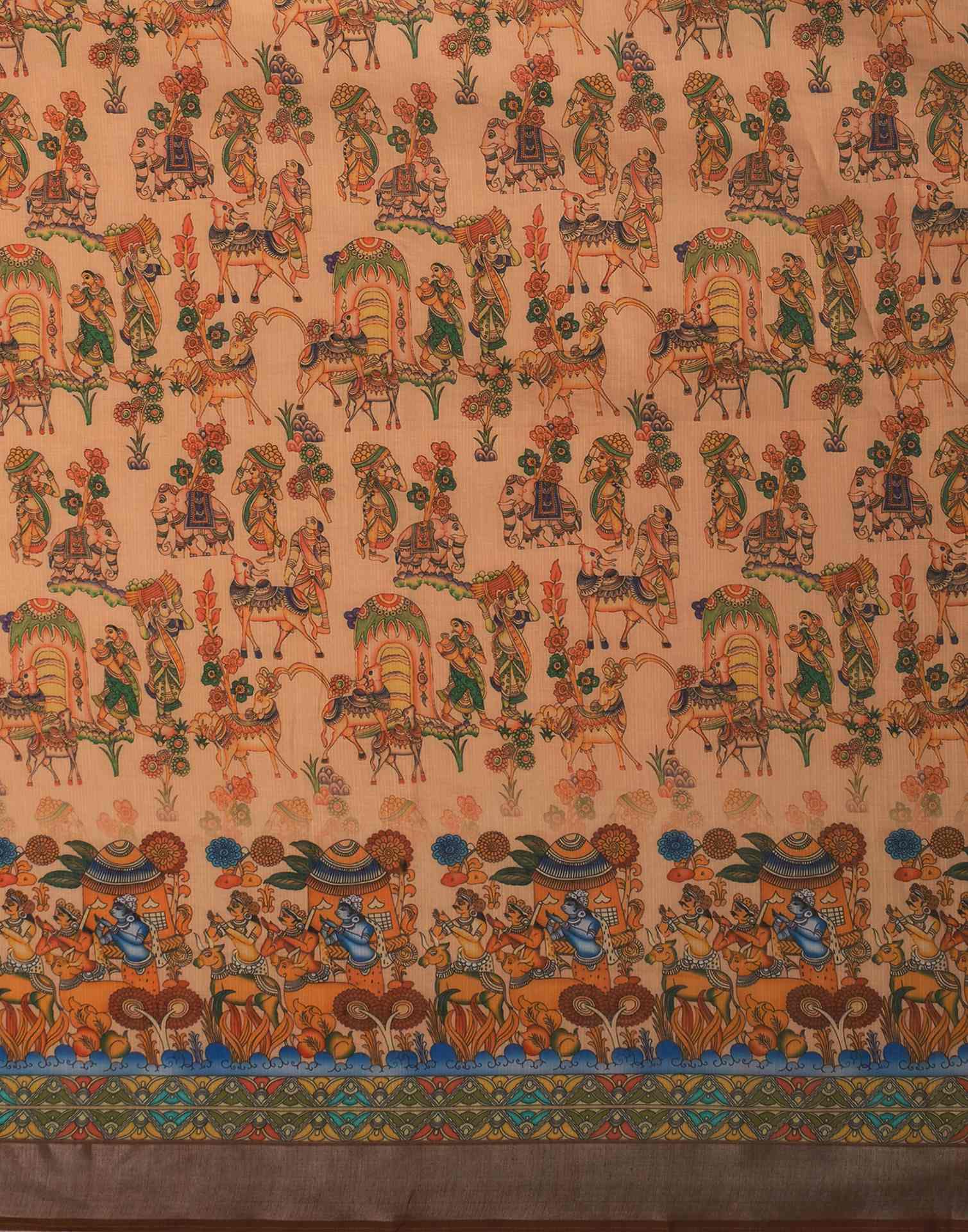 Light Peach Linen Printed Kalamkari Saree