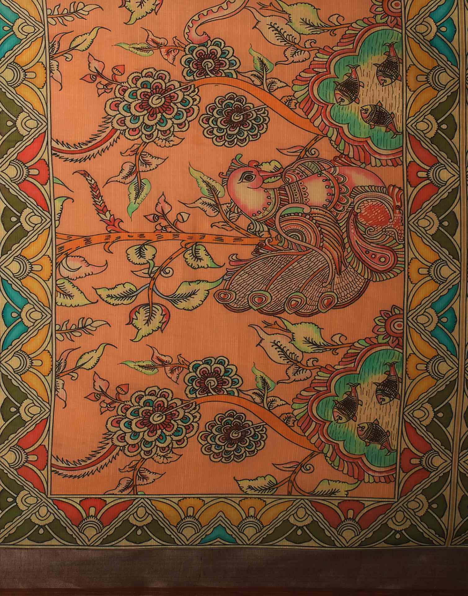 Light Peach Linen Printed Kalamkari Saree