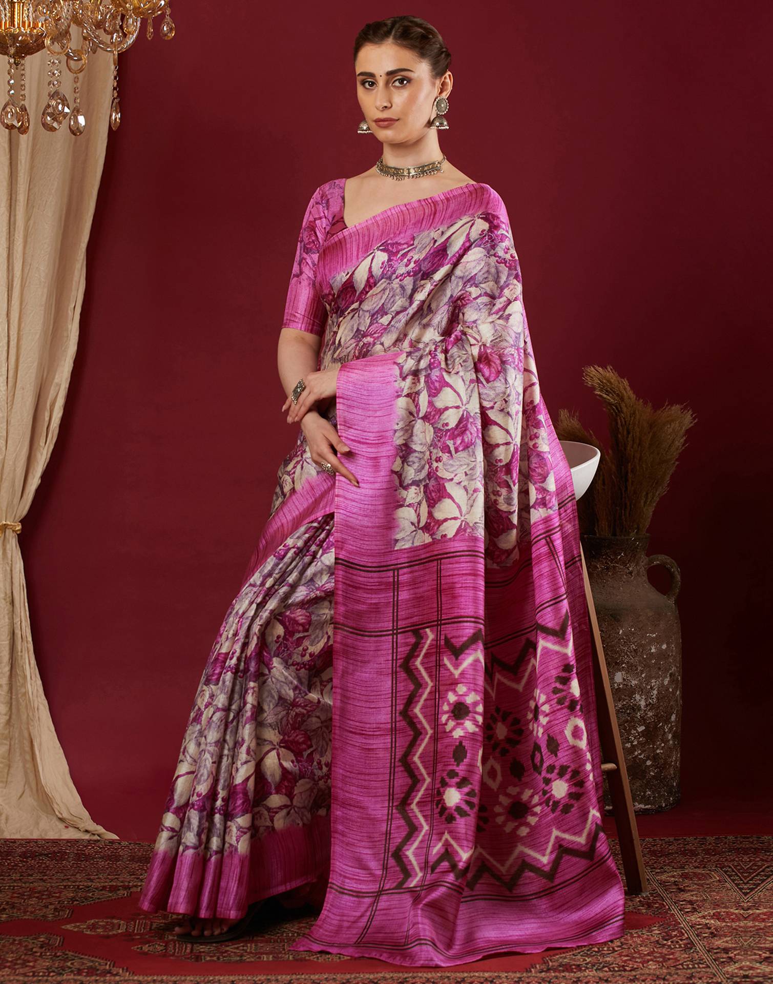 Dark Pink Cotton Blend Floral Printed Saree
