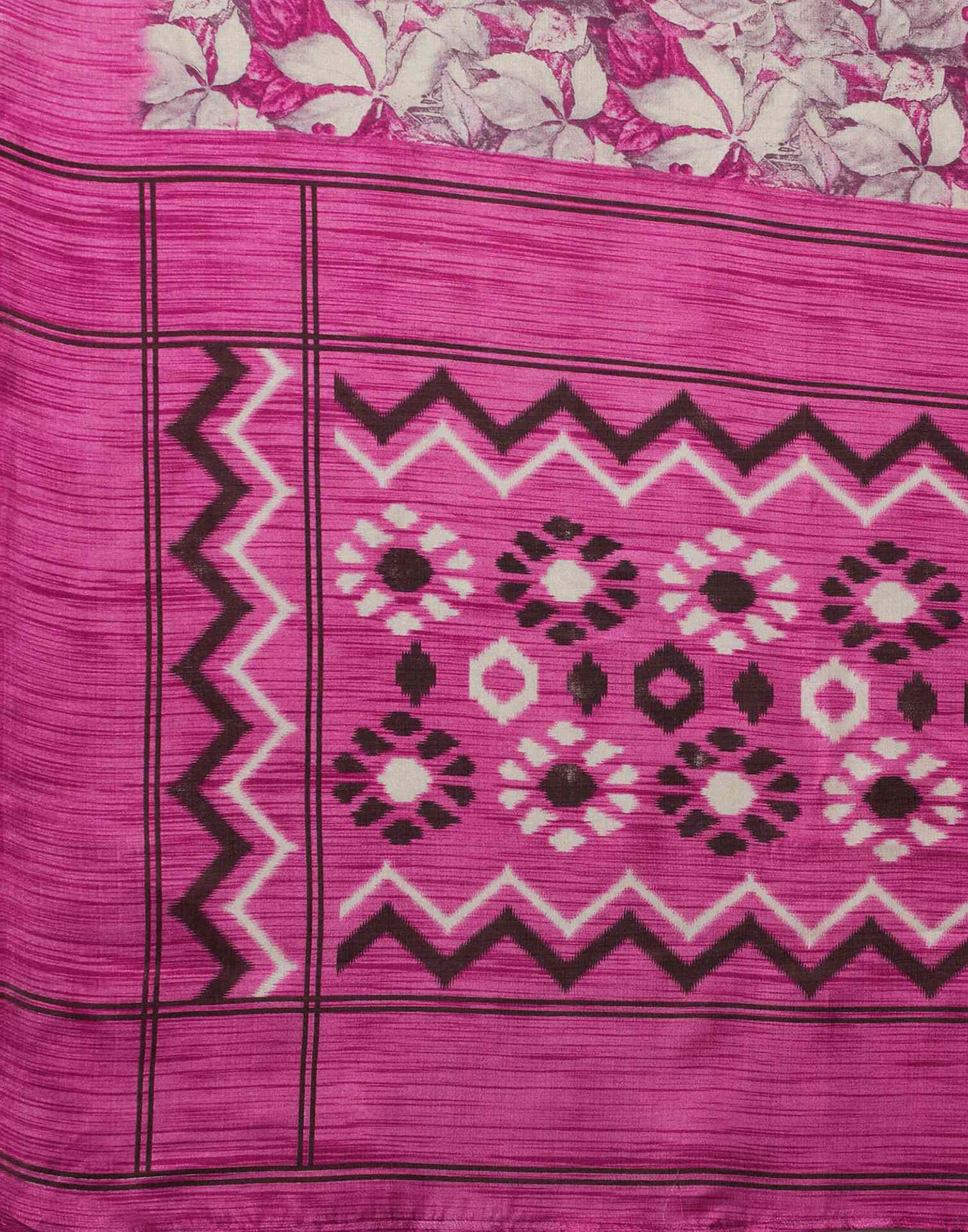 Dark Pink Cotton Blend Floral Printed Saree