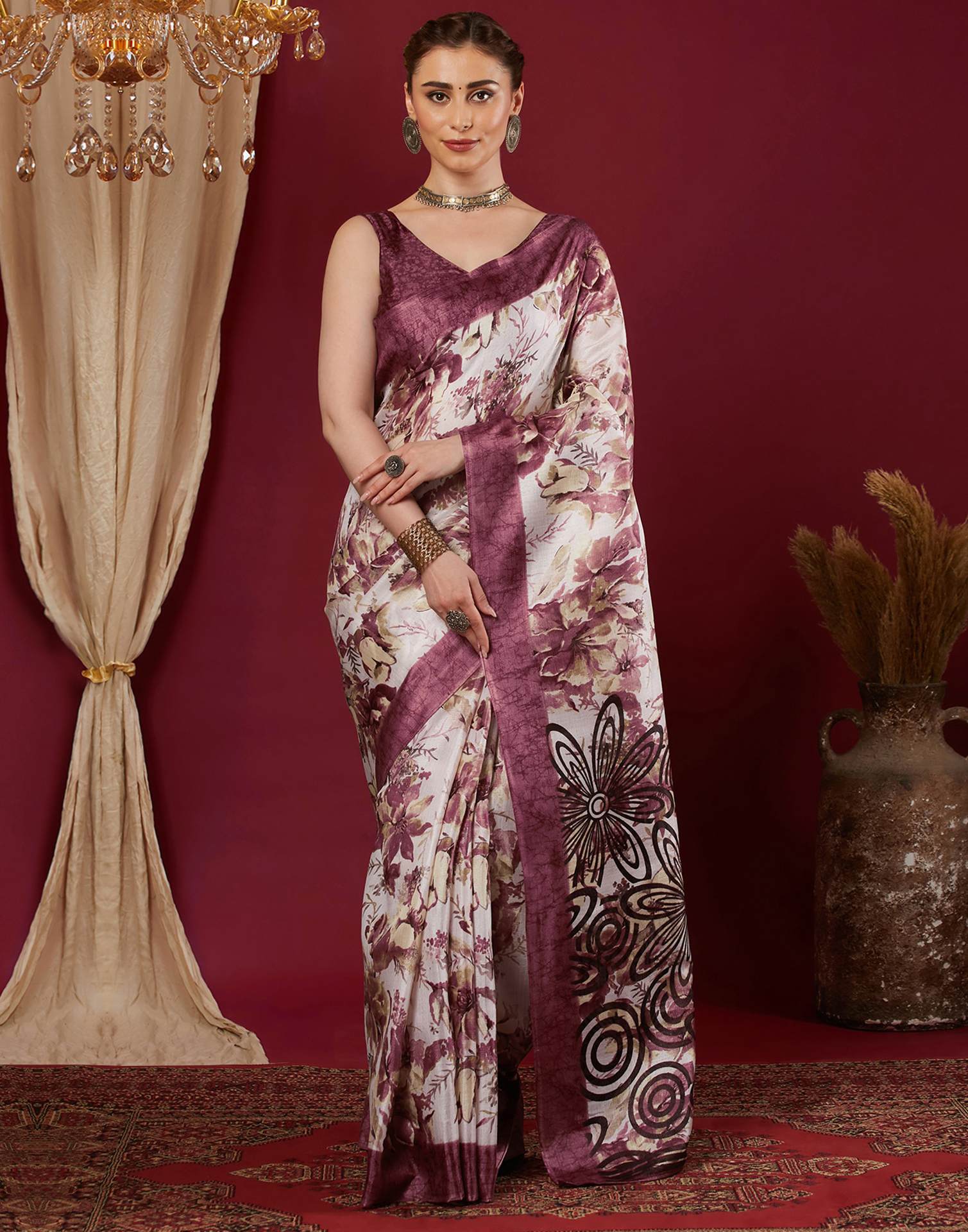 Mauve Cotton Blend Floral Printed Saree
