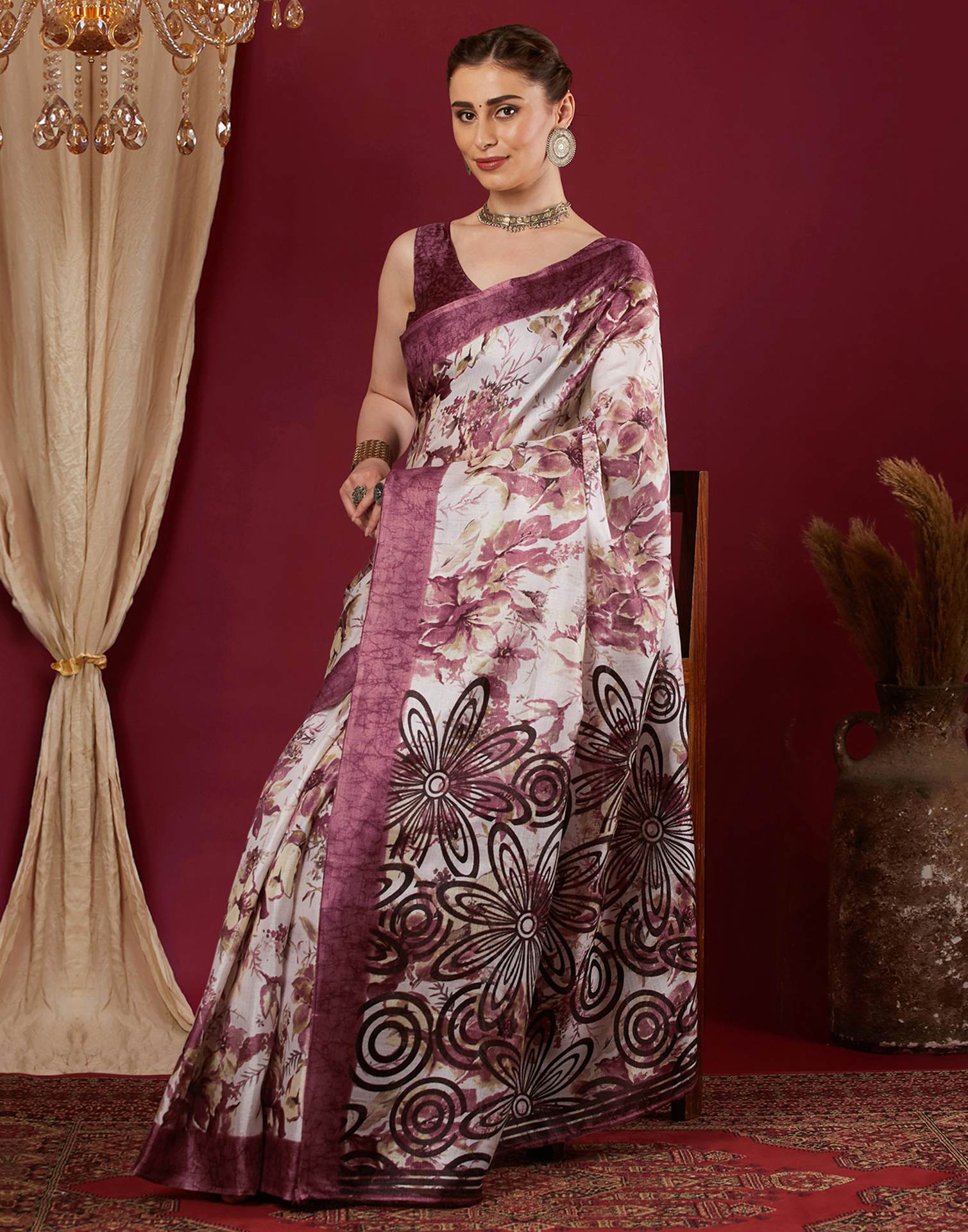 Mauve Cotton Blend Floral Printed Saree