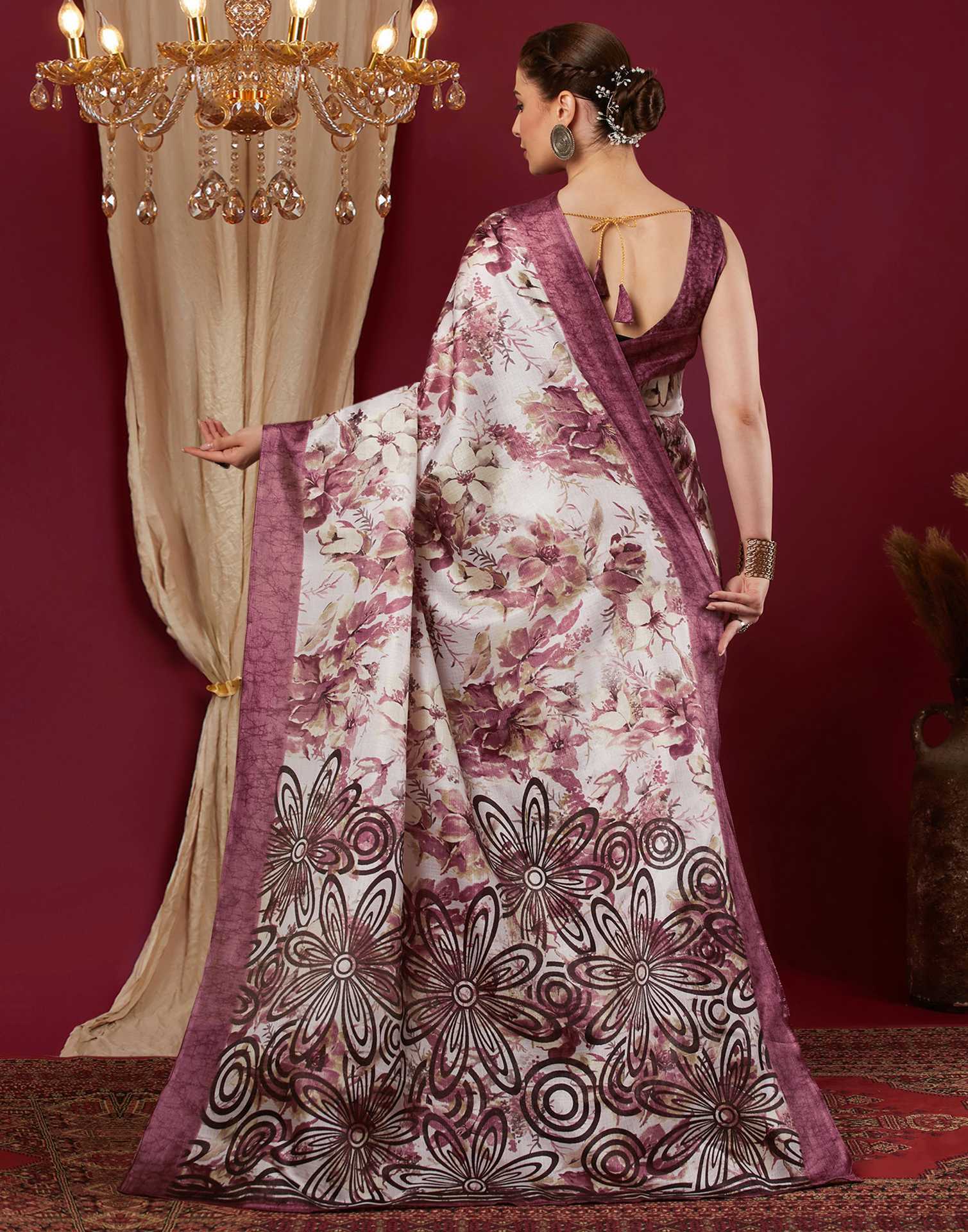 Mauve Cotton Blend Floral Printed Saree