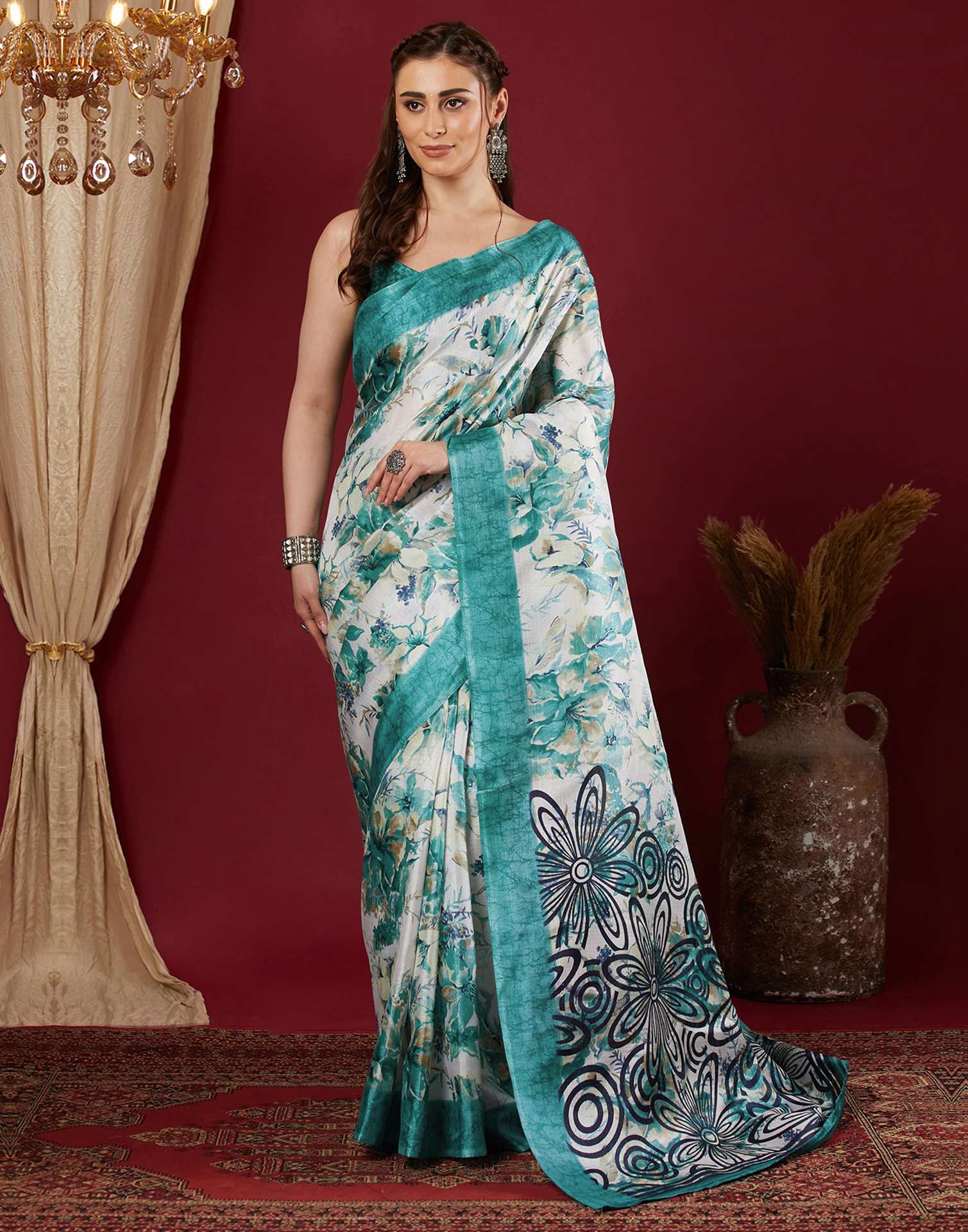 Blue Cotton Blend Floral Printed Saree