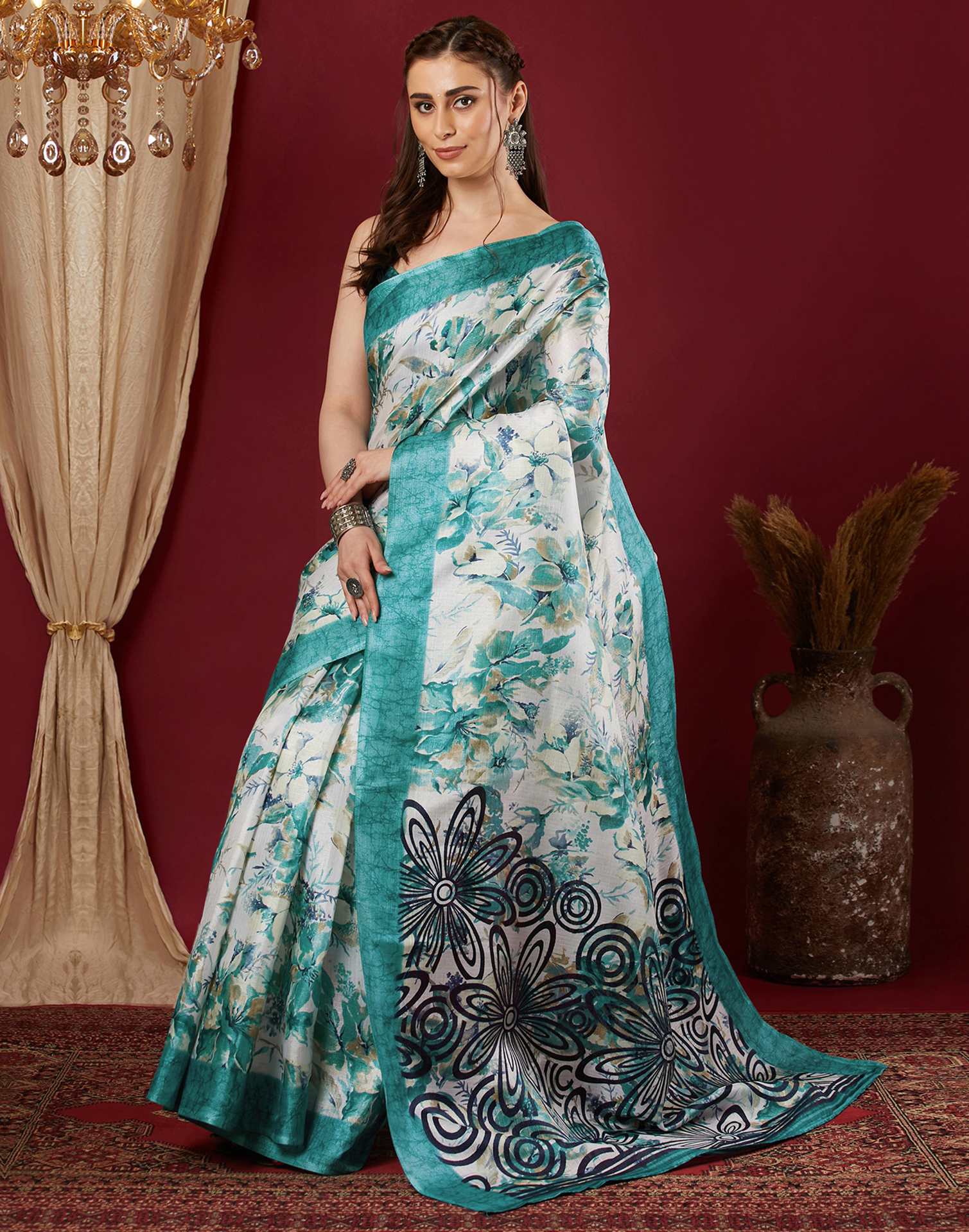 Blue Cotton Blend Floral Printed Saree