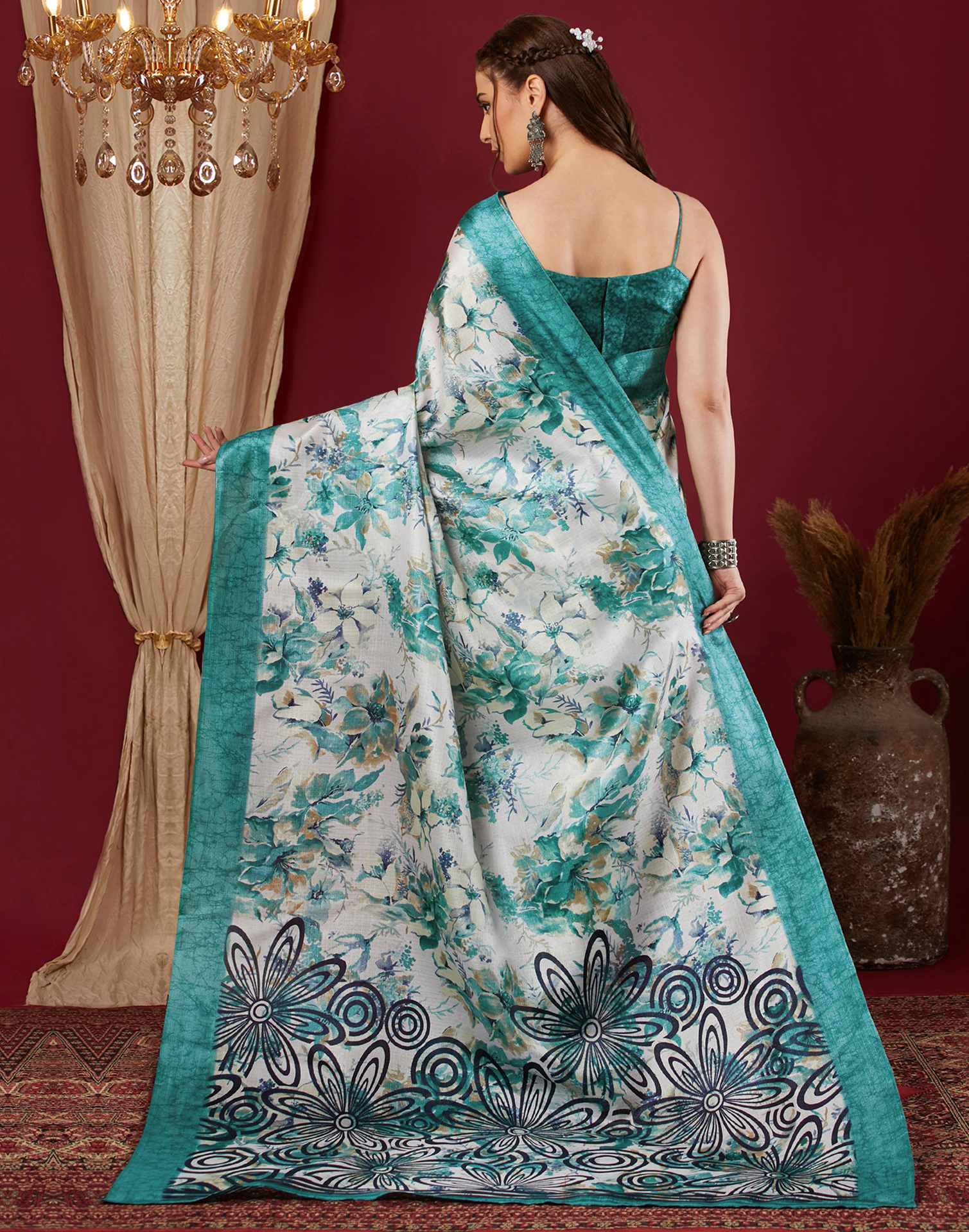 Blue Cotton Blend Floral Printed Saree