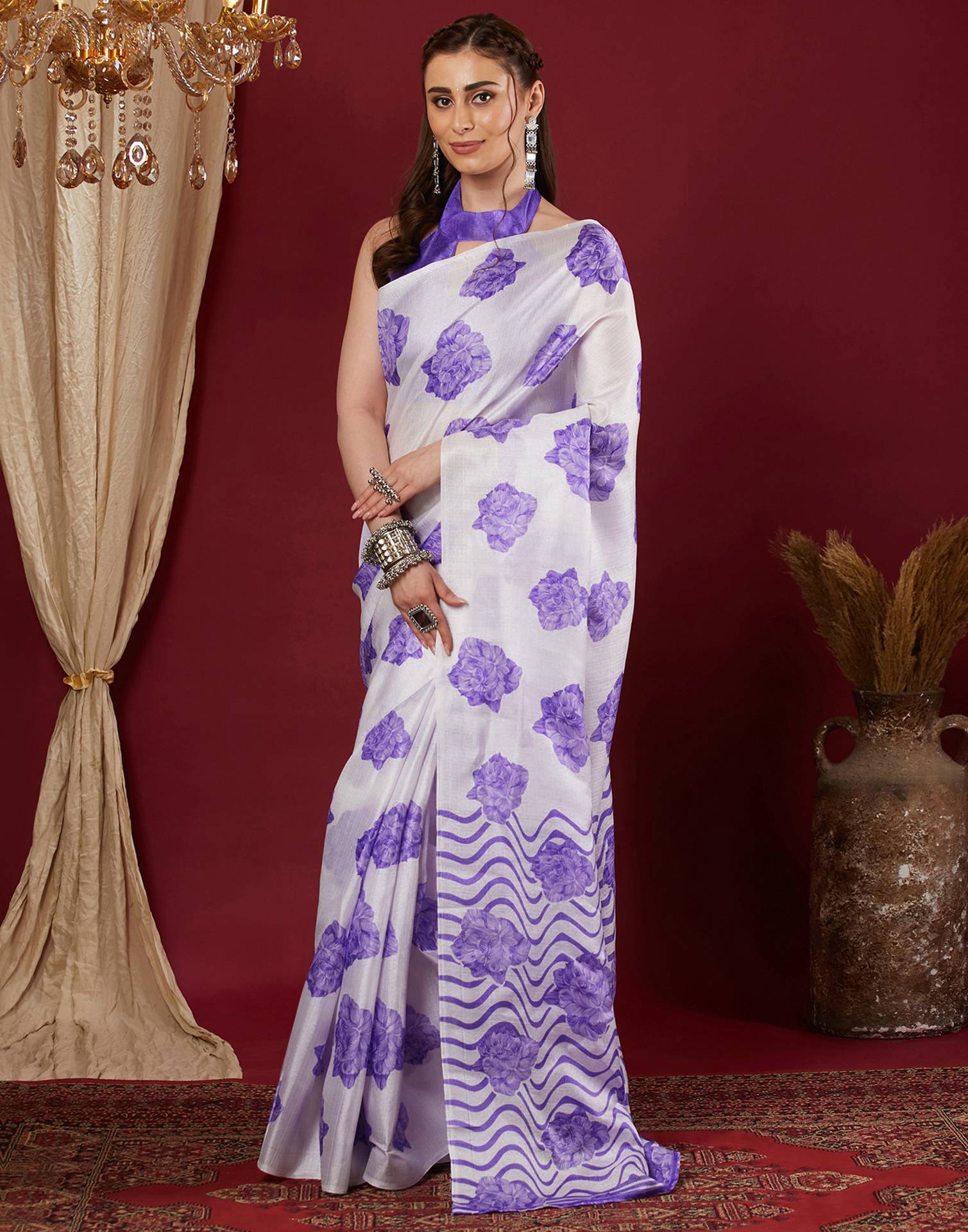 White Cotton Blend Floral Printed Saree