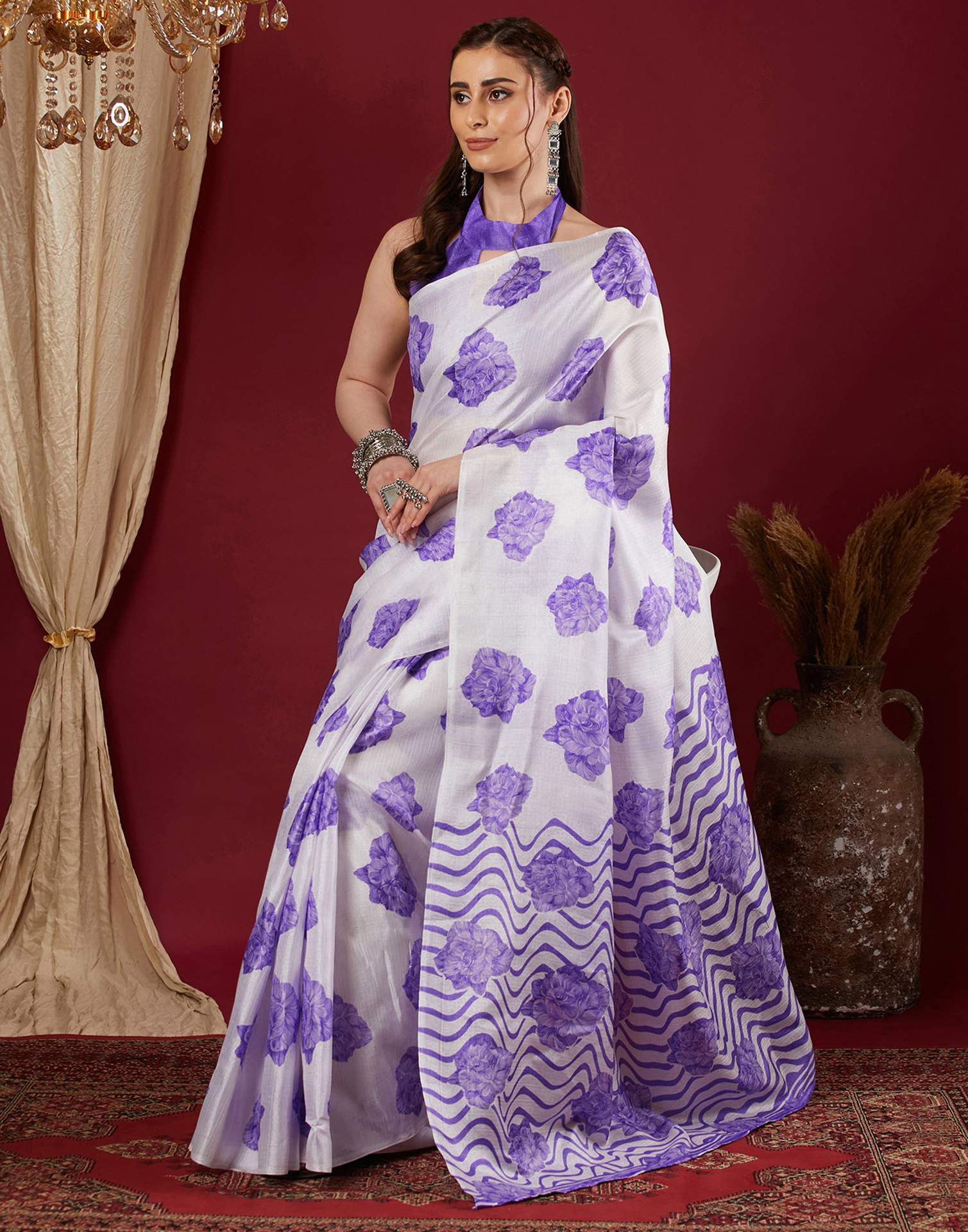 White Cotton Blend Floral Printed Saree